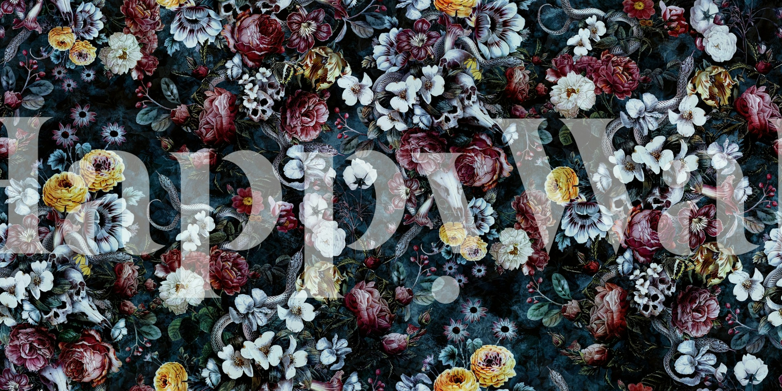 Dark floral pattern with skulls and colorful flowers wallpaper