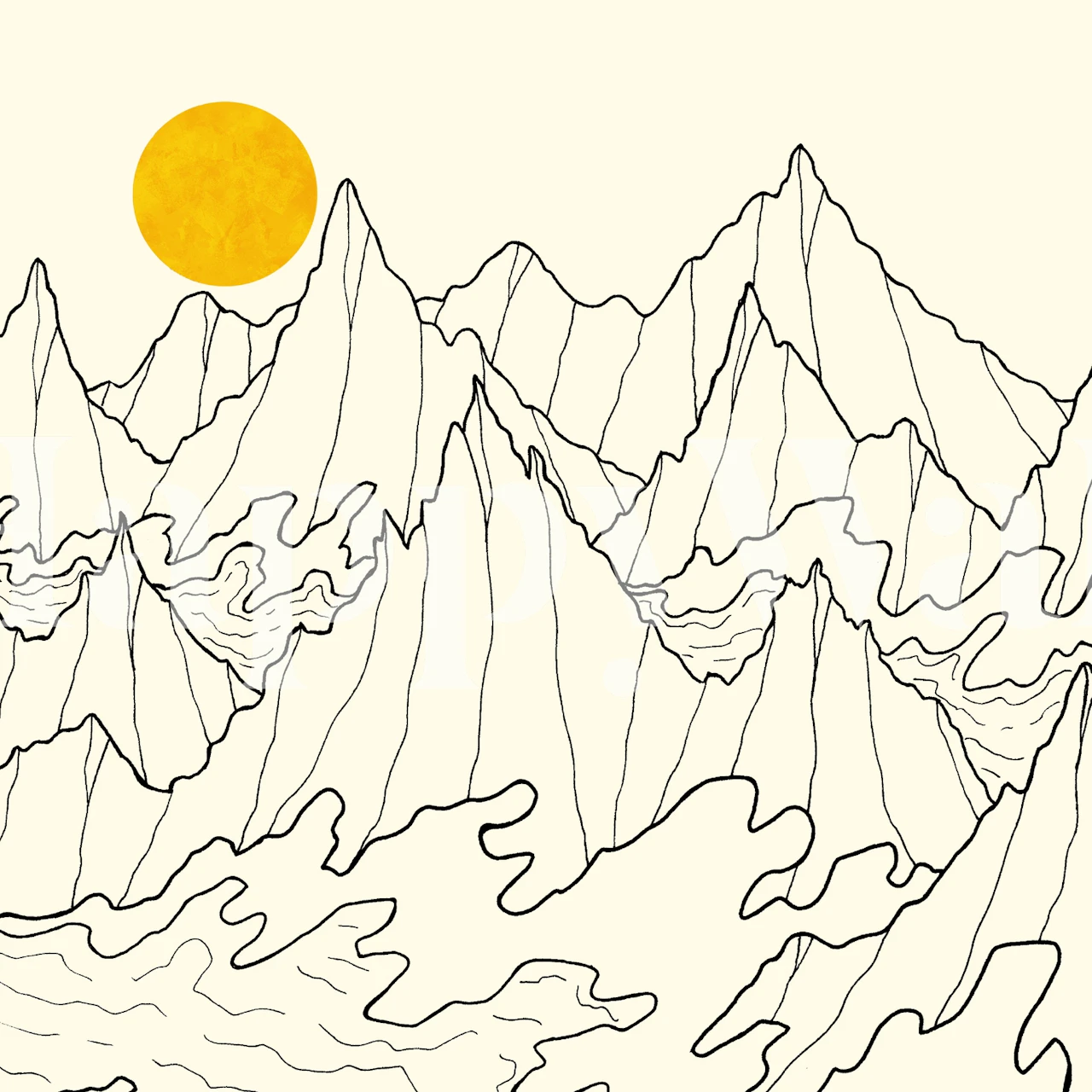 Carta da parati in stile line art raffigurante un sole sulle scogliere oceaniche con onde