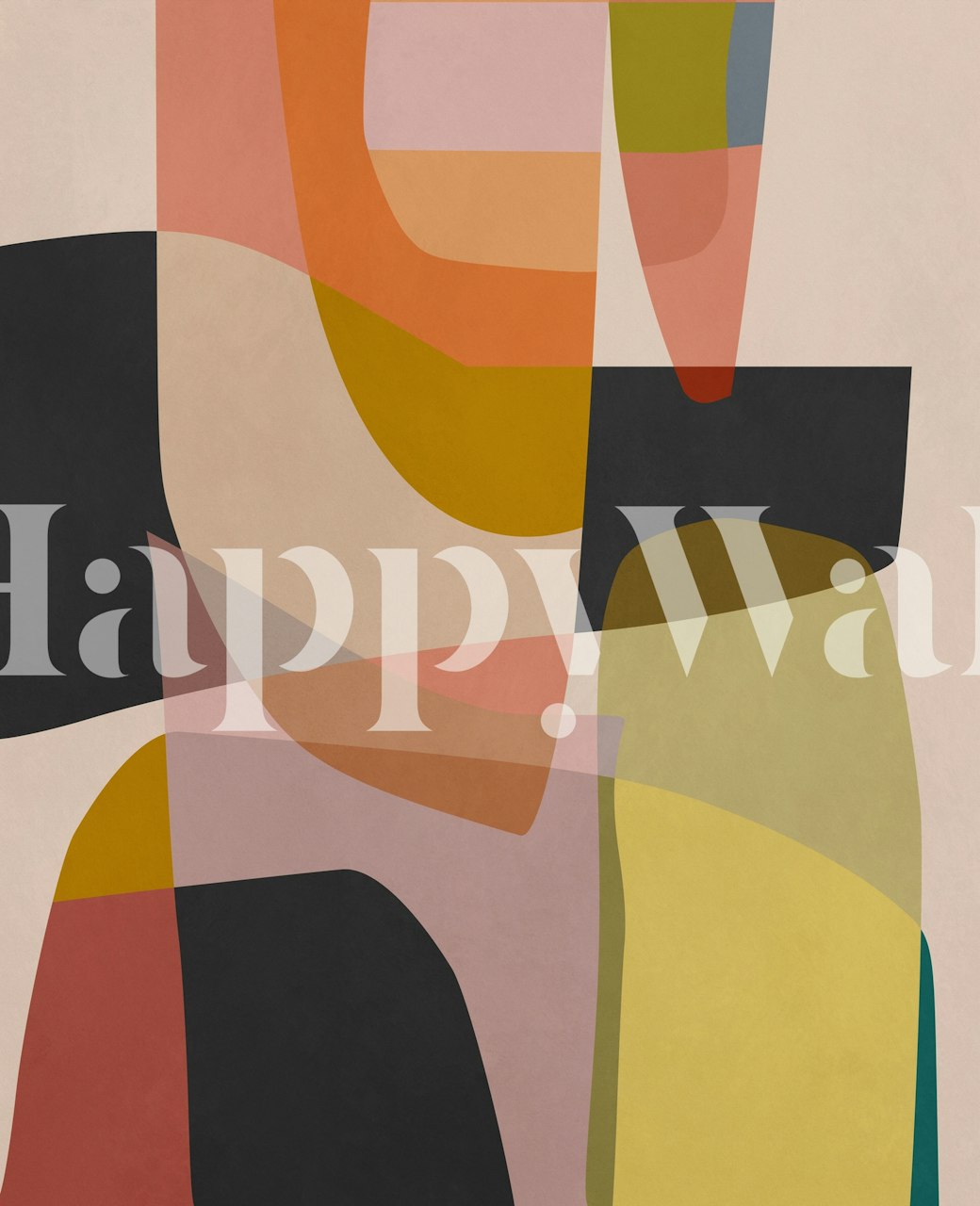 Colorful overlapping shapes in orange, pink, yellow, and black abstract wallpaper
