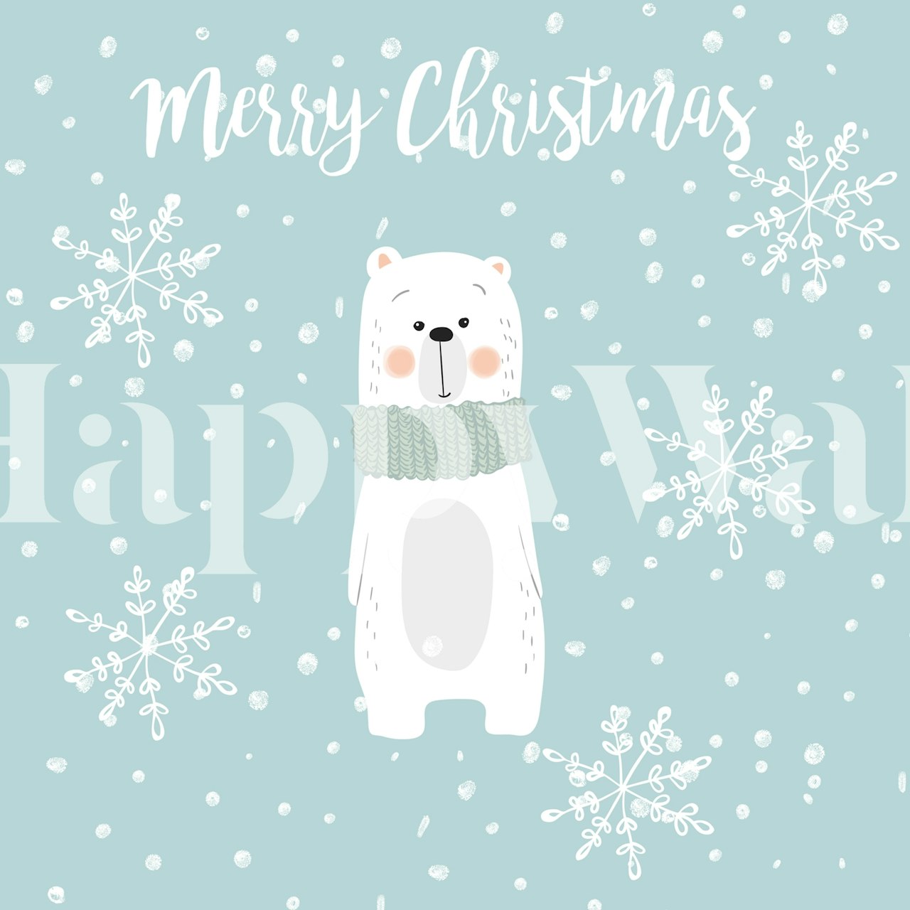 Cute polar bear with a scarf on a mint background with snowflakes and Merry Christmas text.