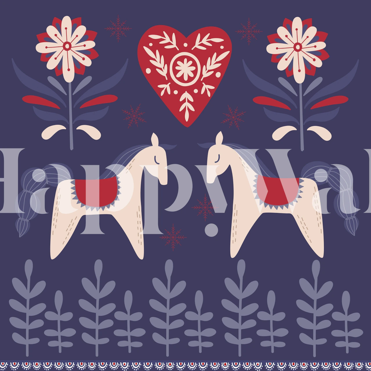 Two white horses with red accents, floral designs, blue foliage, Swedish wallpaper