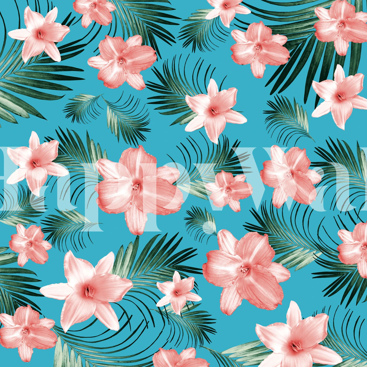 Tropical flowers and palm leaves wallpaper