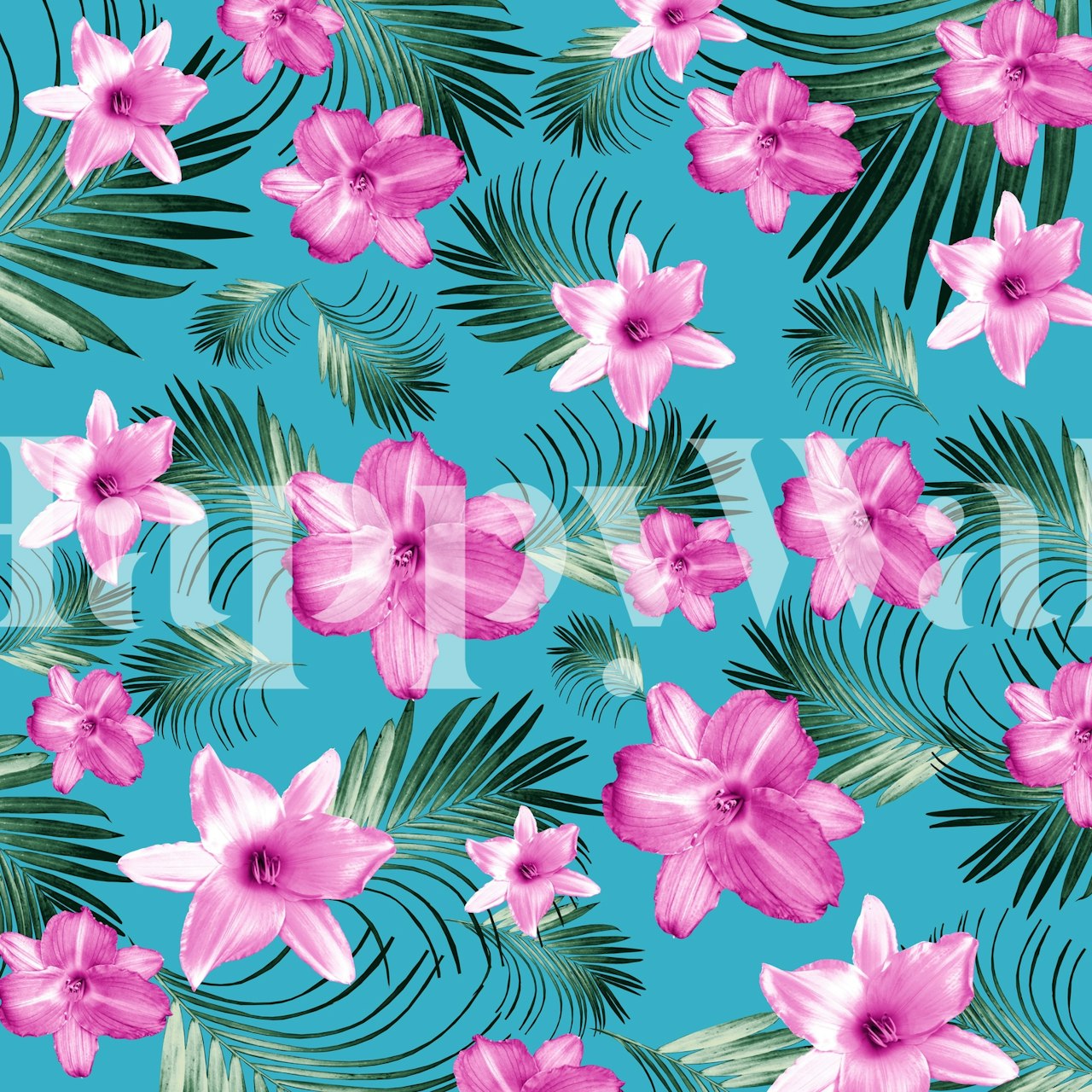 Vibrant pink tropical flowers and green palm leaves on a blue background wall mural