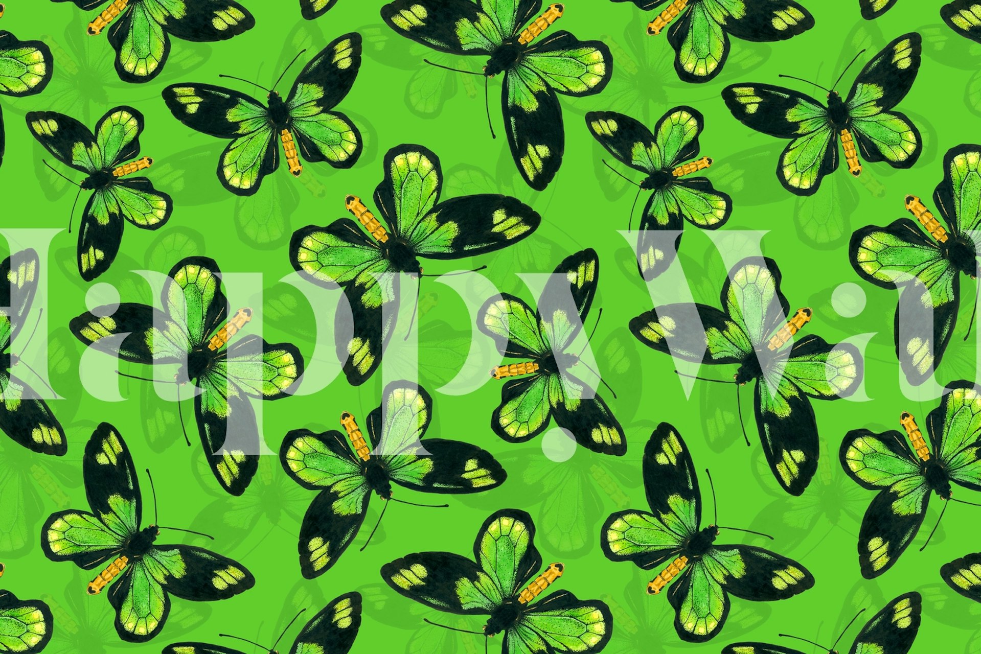 Green butterflies with black outlines on vibrant green background wallpaper