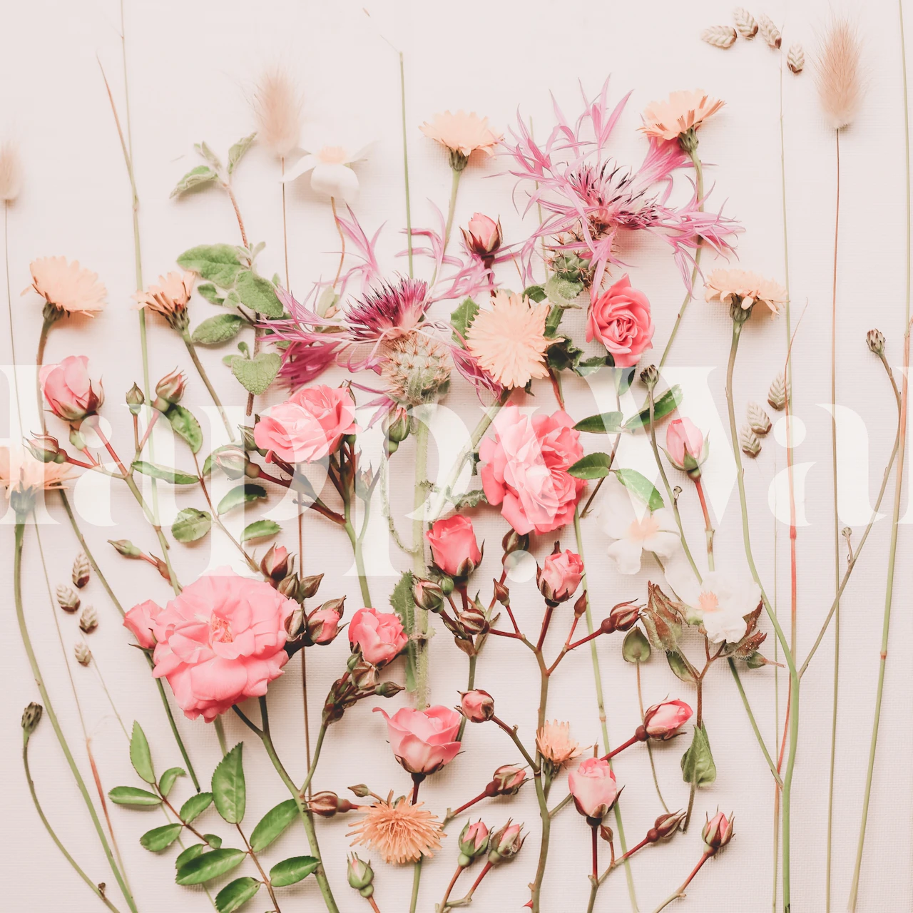 Assorted pink wildflowers and roses on a light background wallpaper