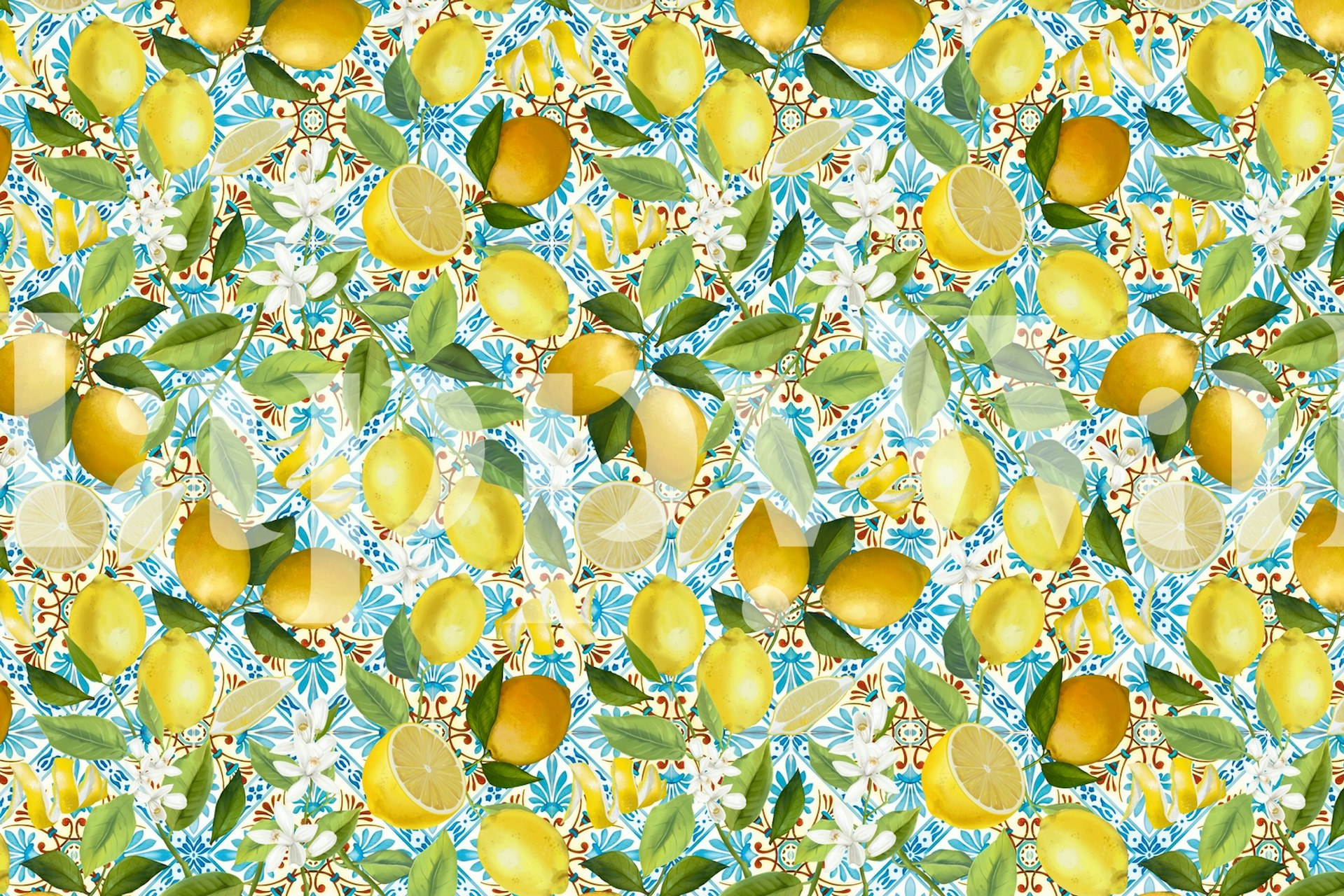 Lemon and floral pattern in yellow and blue wallpaper
