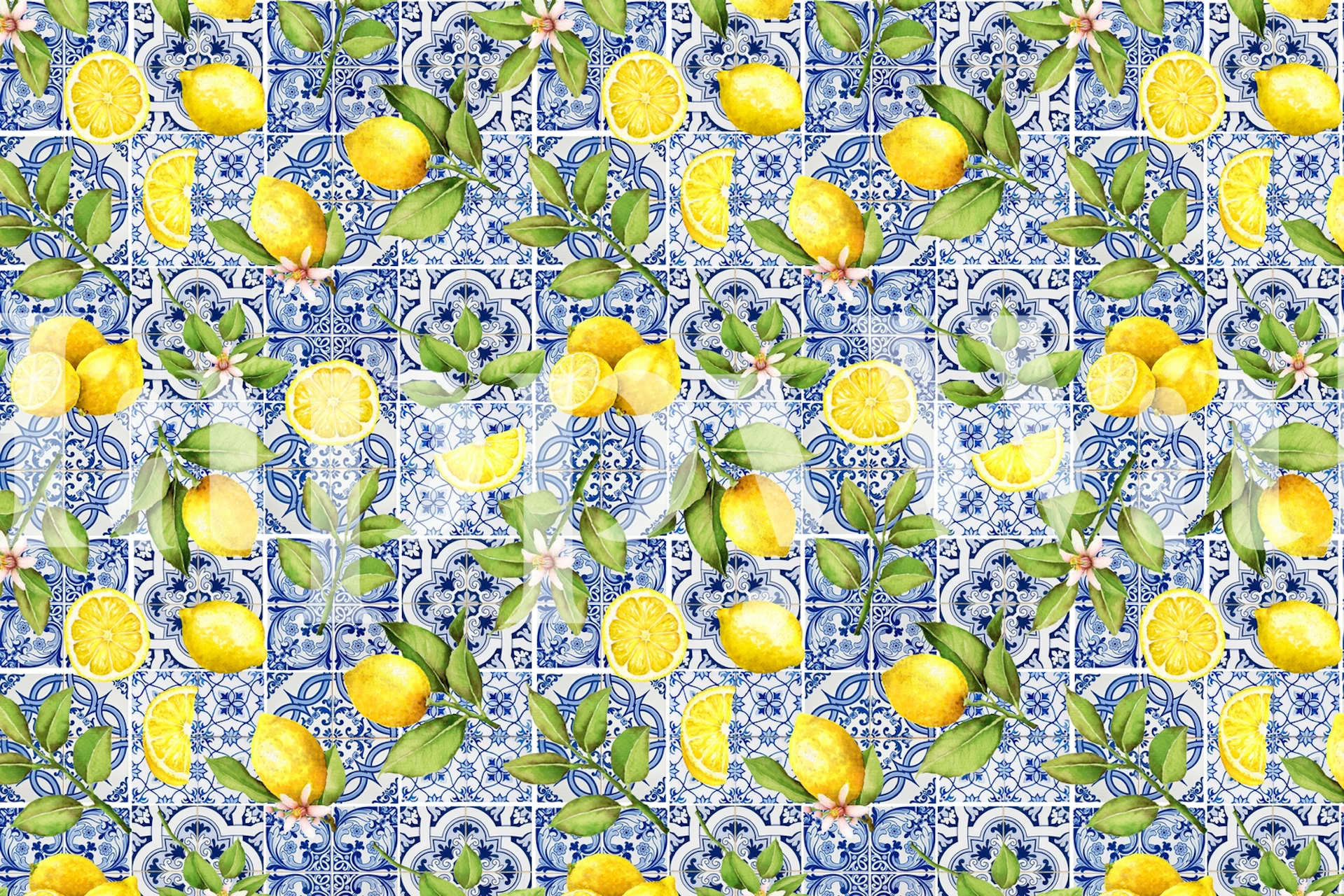 Blue and white lemon floral pattern wallpaper