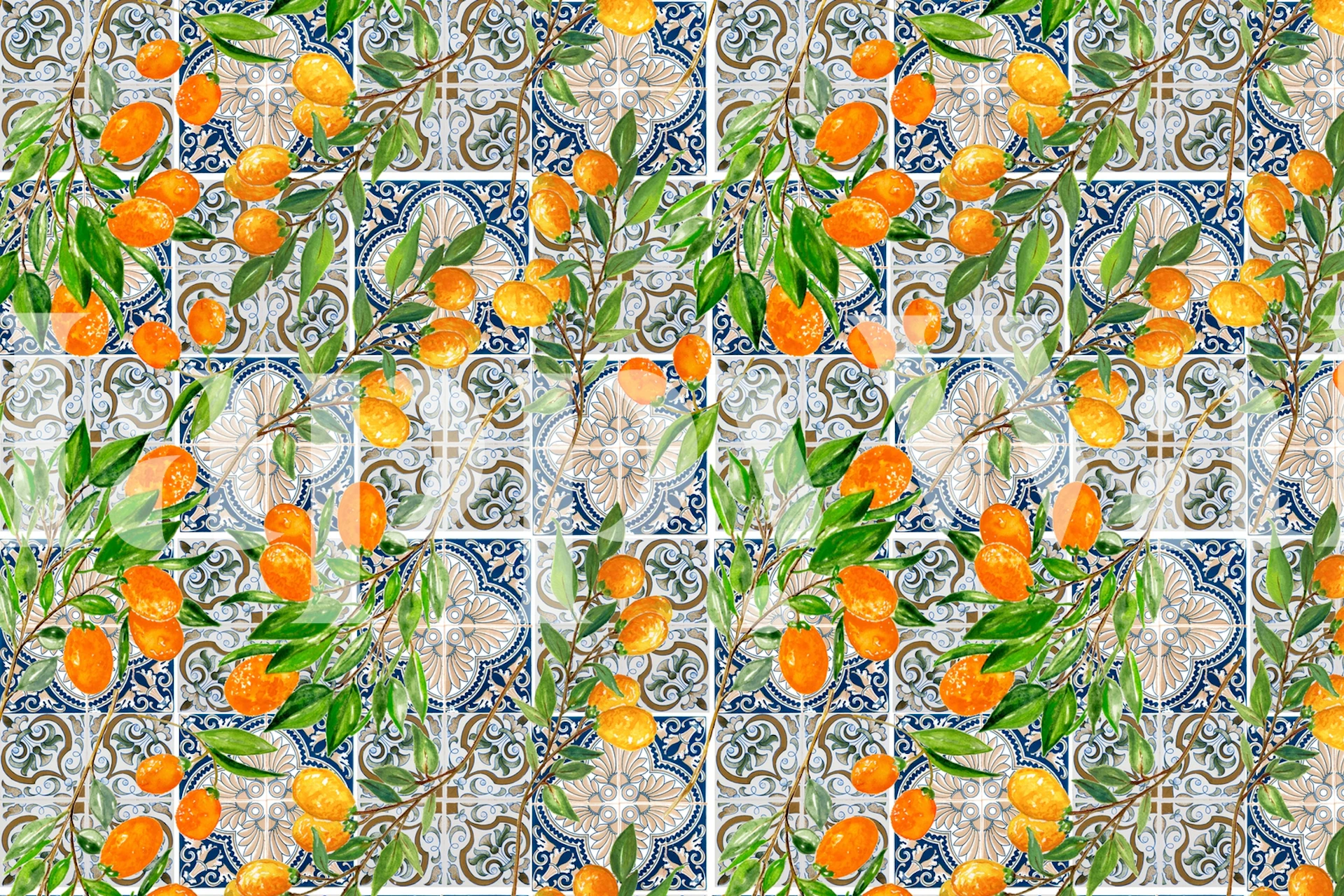Mediterranean cumquat floral design with oranges and blue tile patterns wallpaper