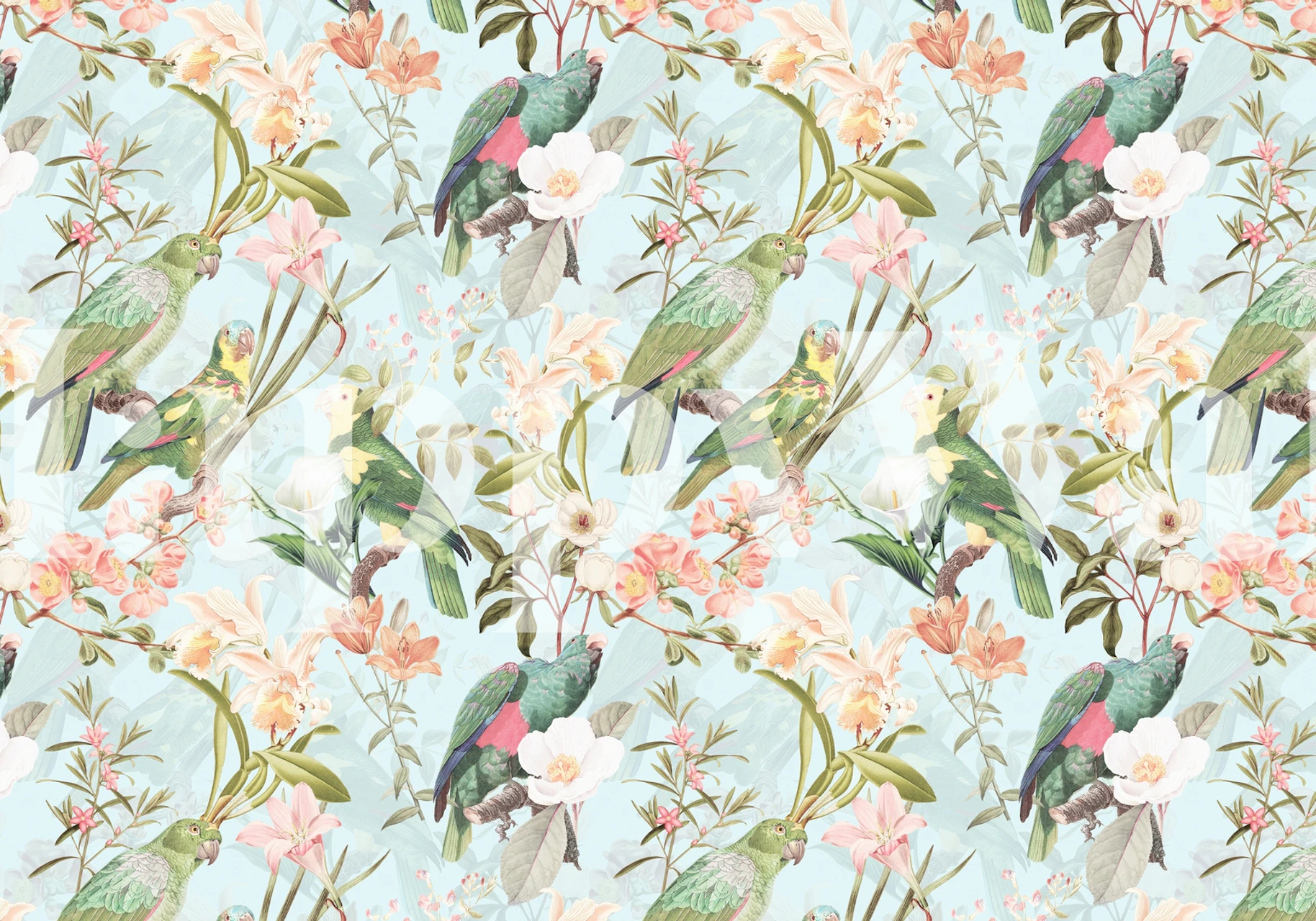 Blue floral wallpaper with vintage parrots and flowers