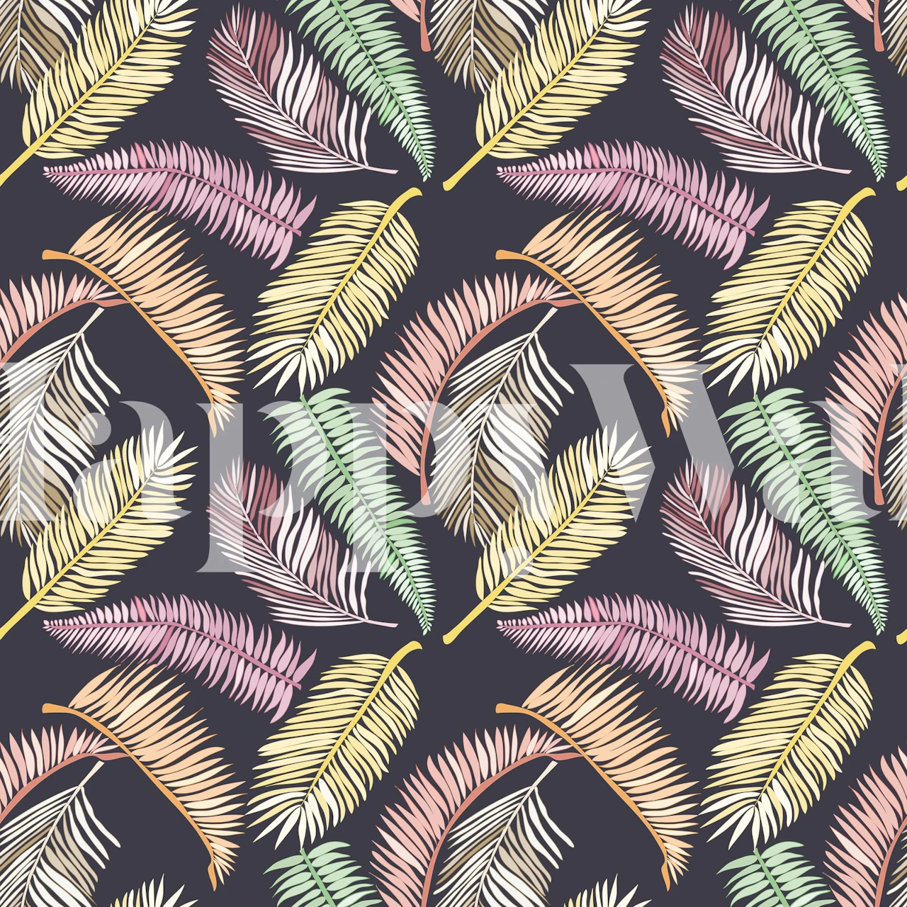 Palm leaves in soft pastel colors on dark background wallpaper