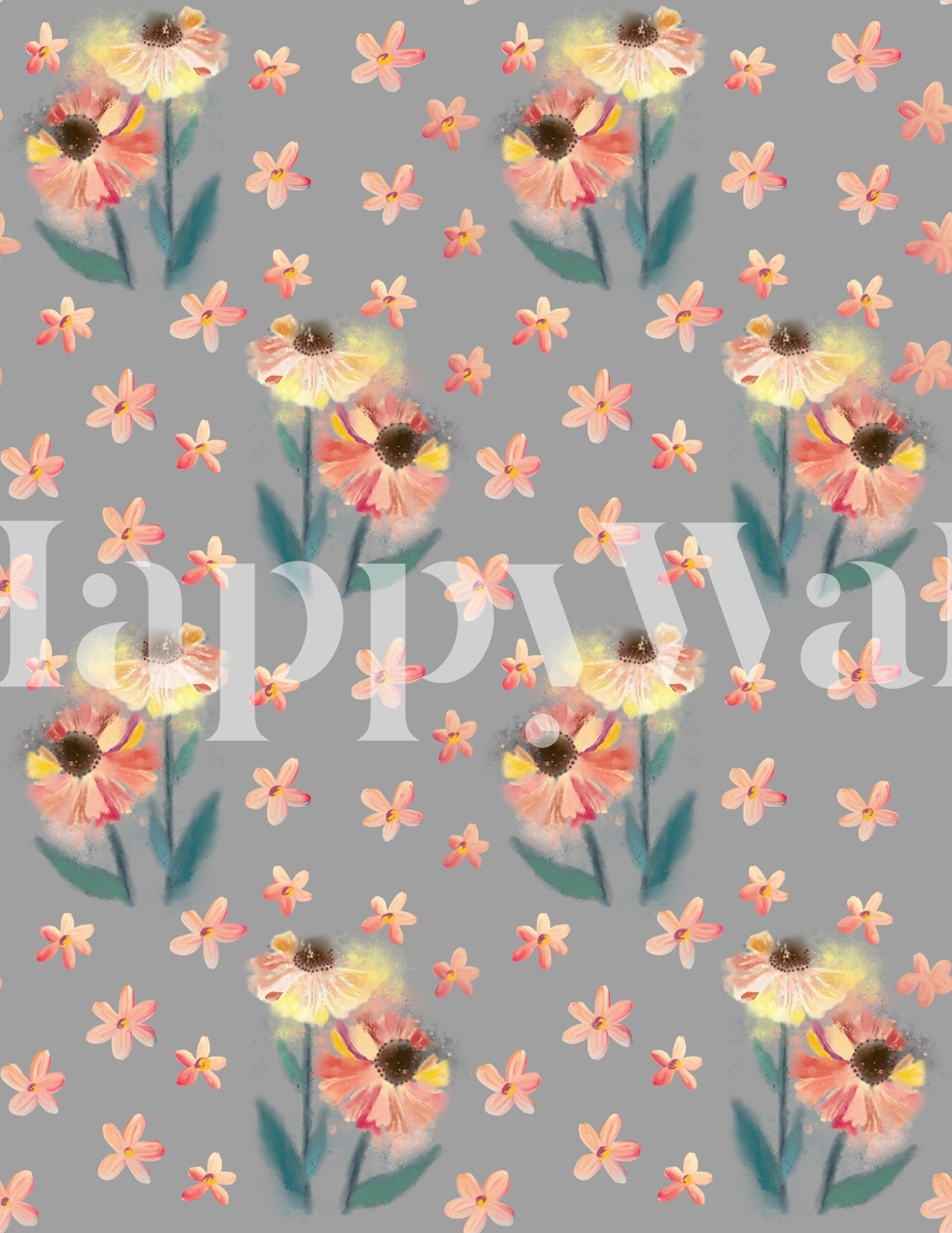 Hand-painted style floral wallpaper with grey background and pastel-colored flowers