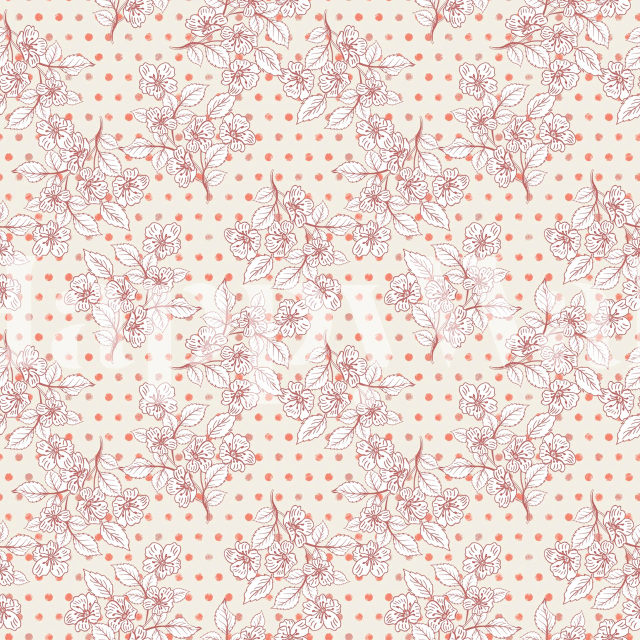Floral patterns with pink flowers and polka dots on cream wallpaper