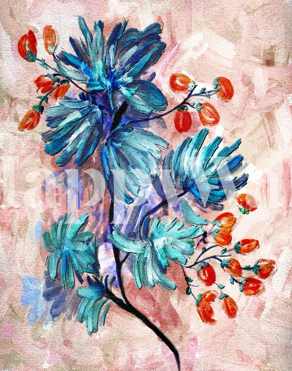 Elegant blue flower painting wall mural with red berries and textured background