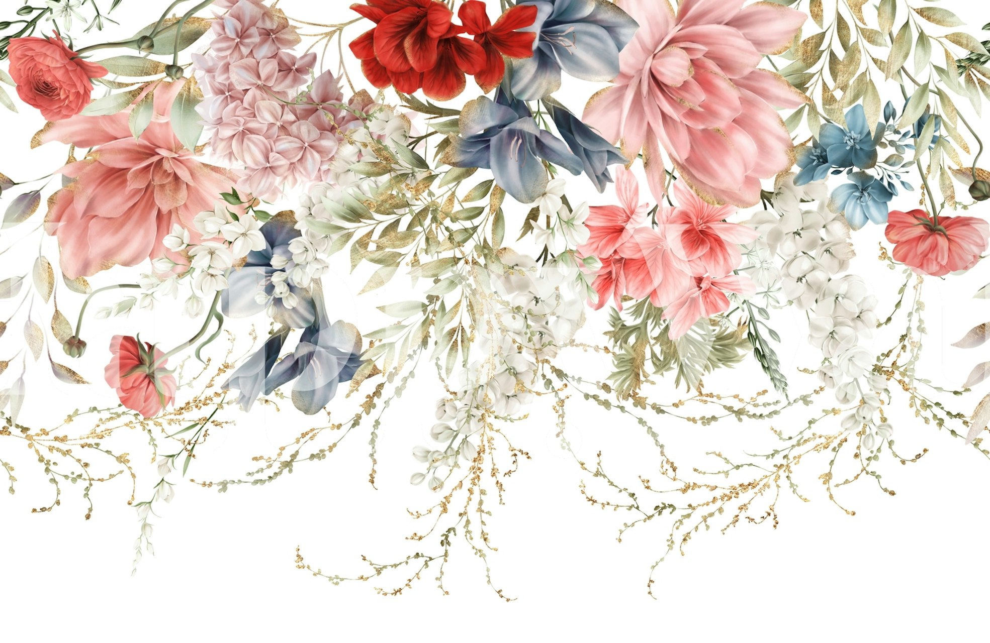 Colorful flowers in shades of pink, red, blue, and white wallpaper