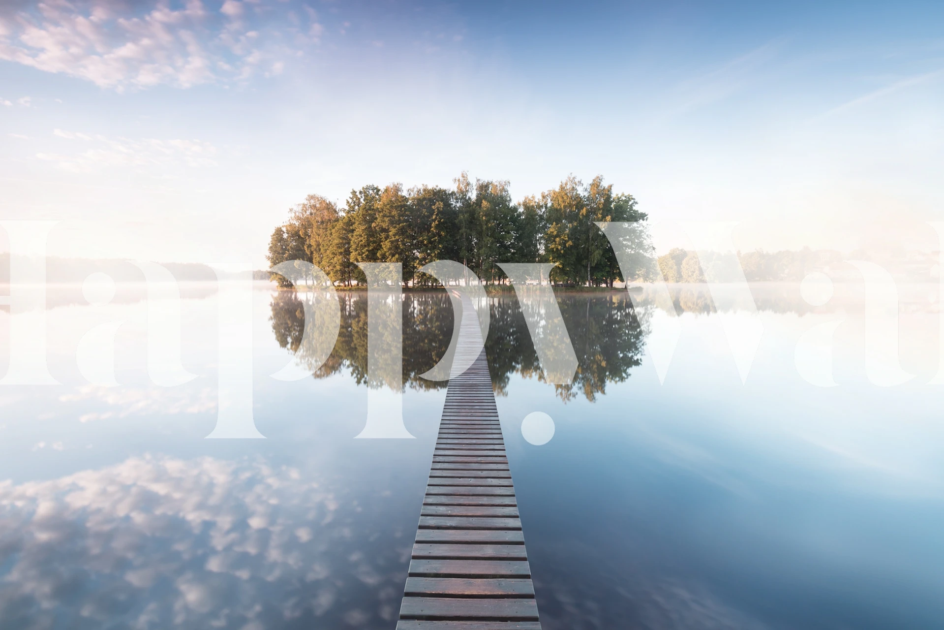 Calm lake with wooden dock and trees reflection wallpaper