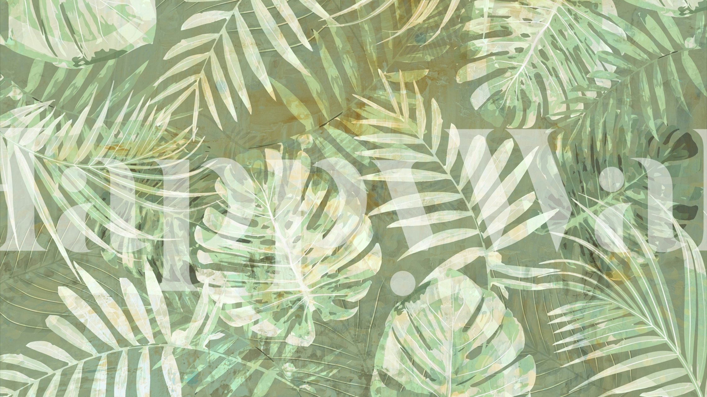Tropical foliage in muted greens with a grunge texture wall mural