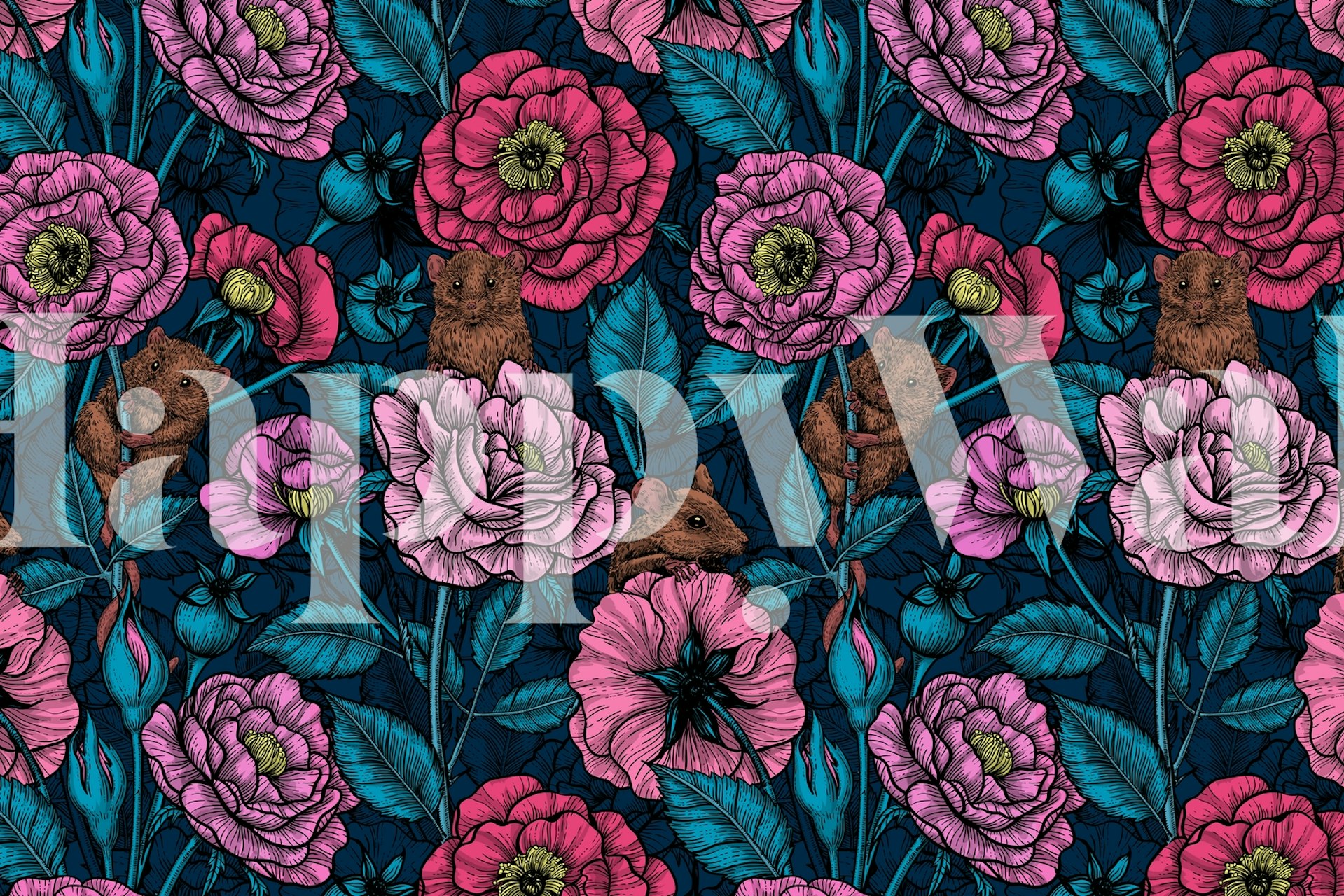 Mice and flowers in vibrant pink, red, and blue wallpaper