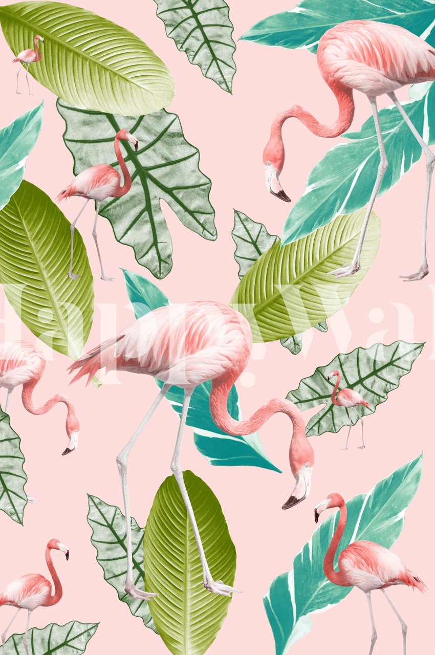 Pastel pink wall mural with flamingos and tropical leaves