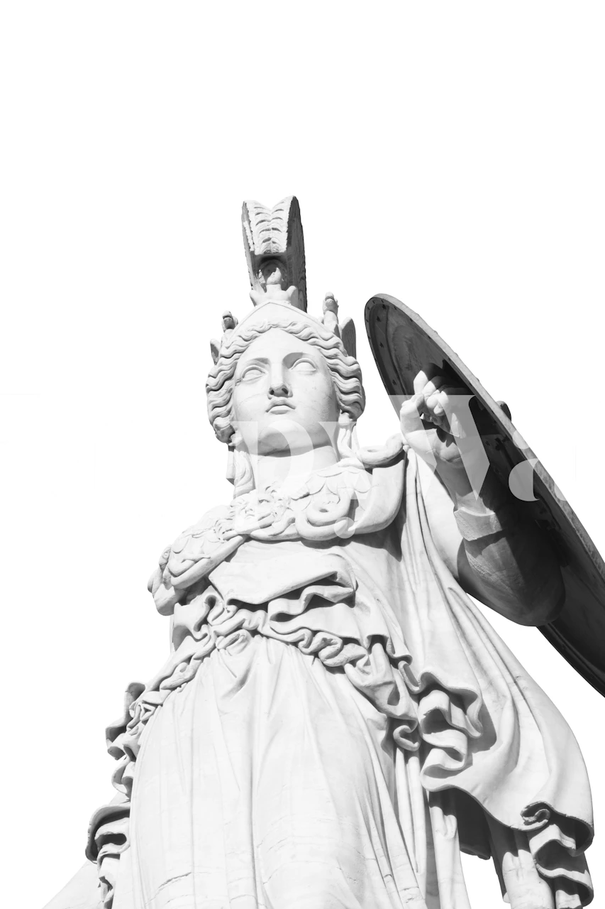 Sort og hvidt vægmaleri, der viser Athena, den græske visdomsgudinde, i en klassisk positur med hjelm og skjold.