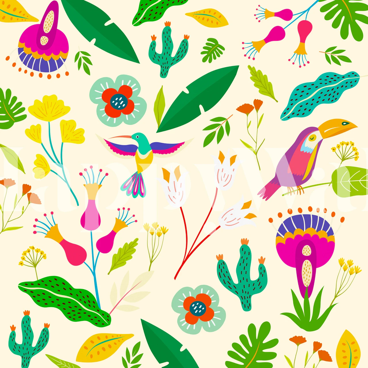 Fotomural Frida Tropical Clean con pájaros estilizados y plantas tropicales