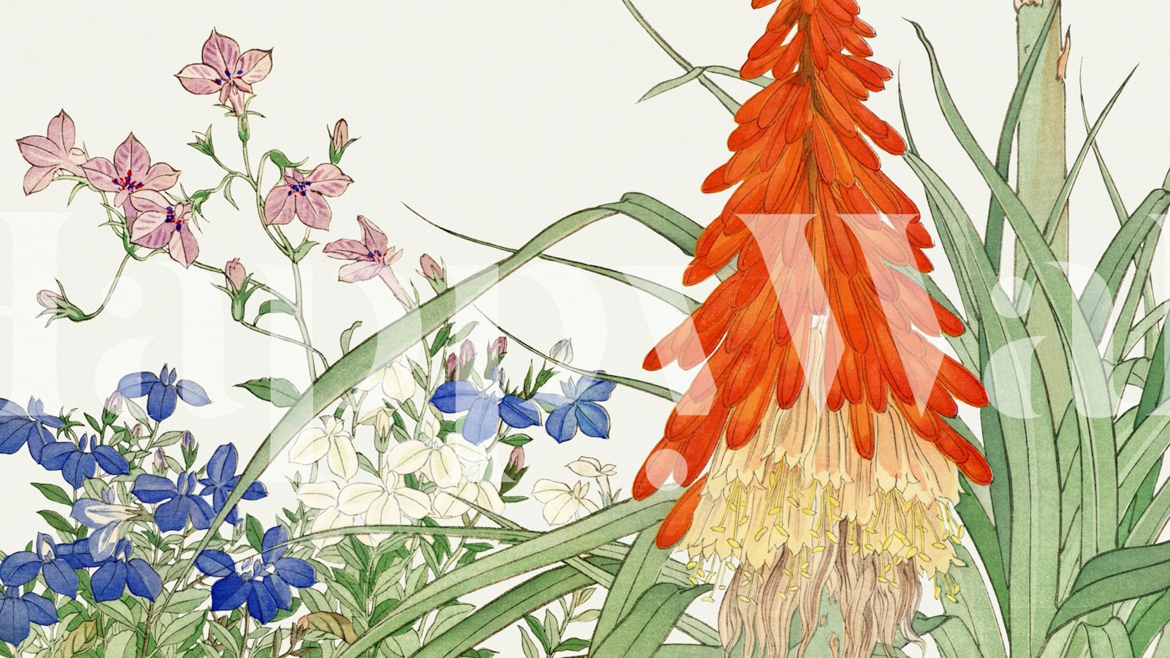 Skandinaavisen vaikutelman saanut kukka-seinämaalaus, jossa joukko luonnonkukkia vaaleanpunaisen, sinisen ja punaisen sävyissä neutraalilla taustalla.