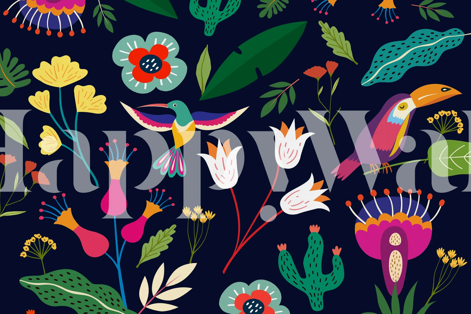 Colorful floral wallpaper with tropical birds and plants
