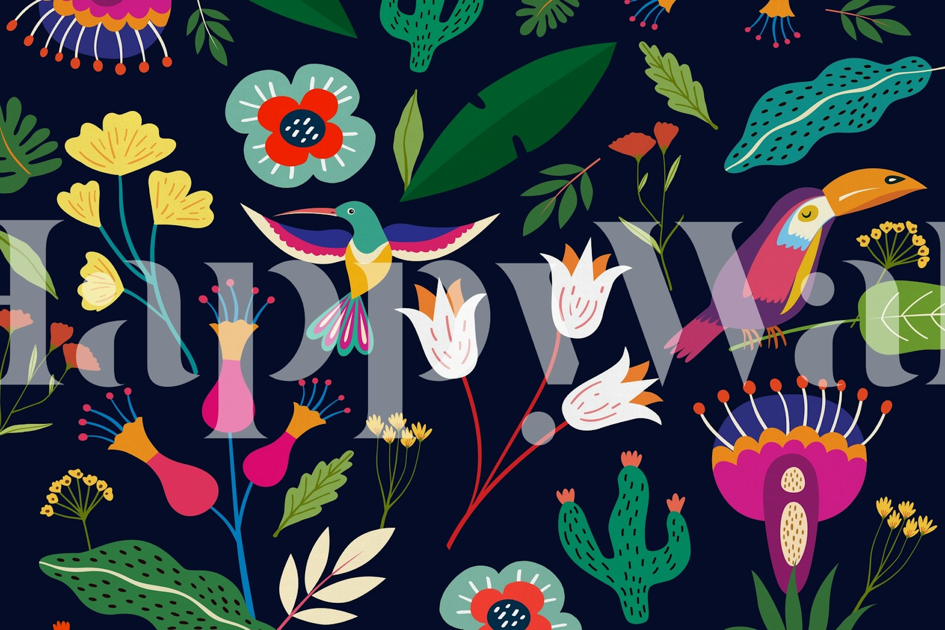 Colorful floral wallpaper with tropical birds and plants