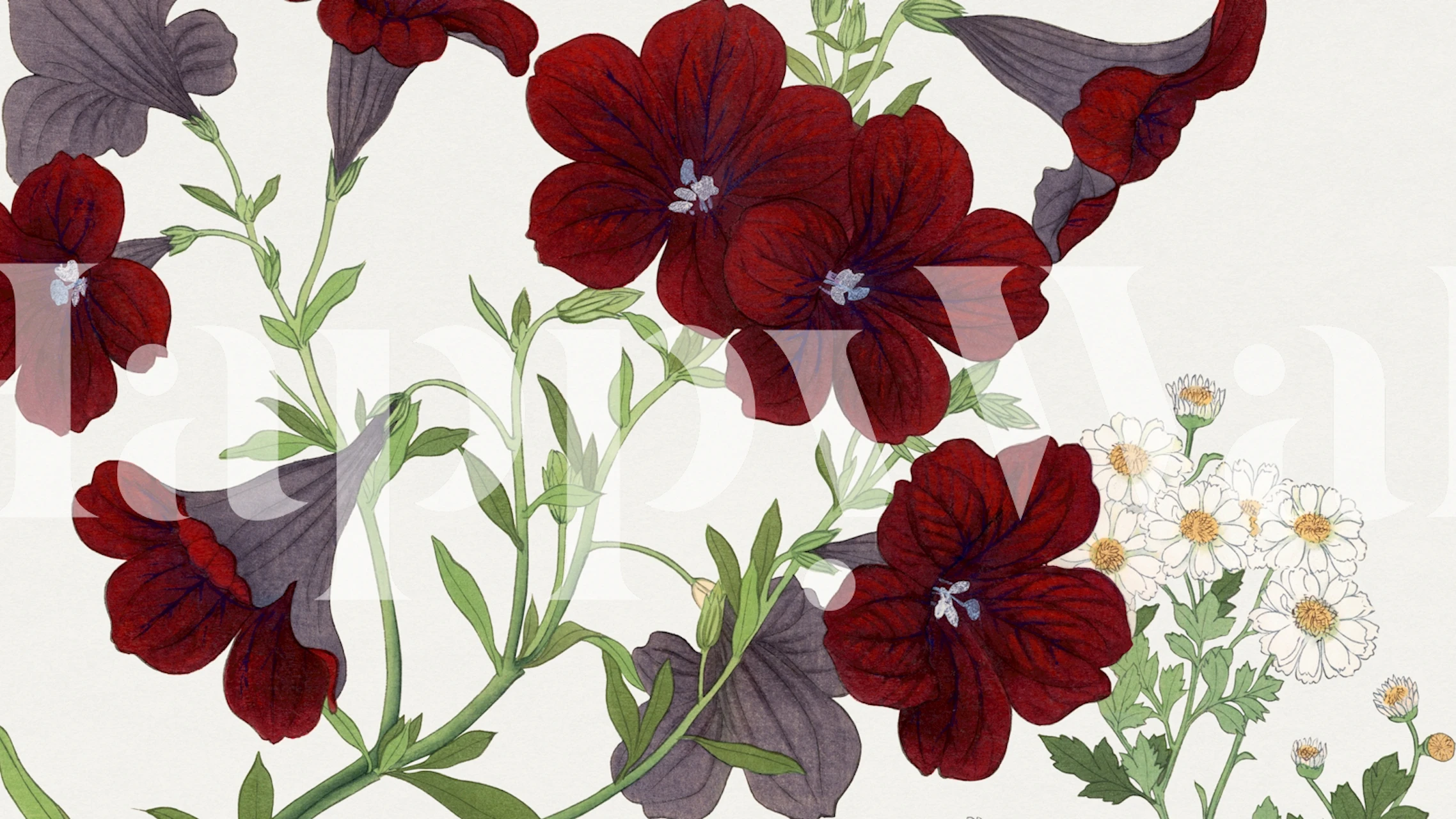 Elegant red and grey floral pattern inspired by Japanese art on a wall mural