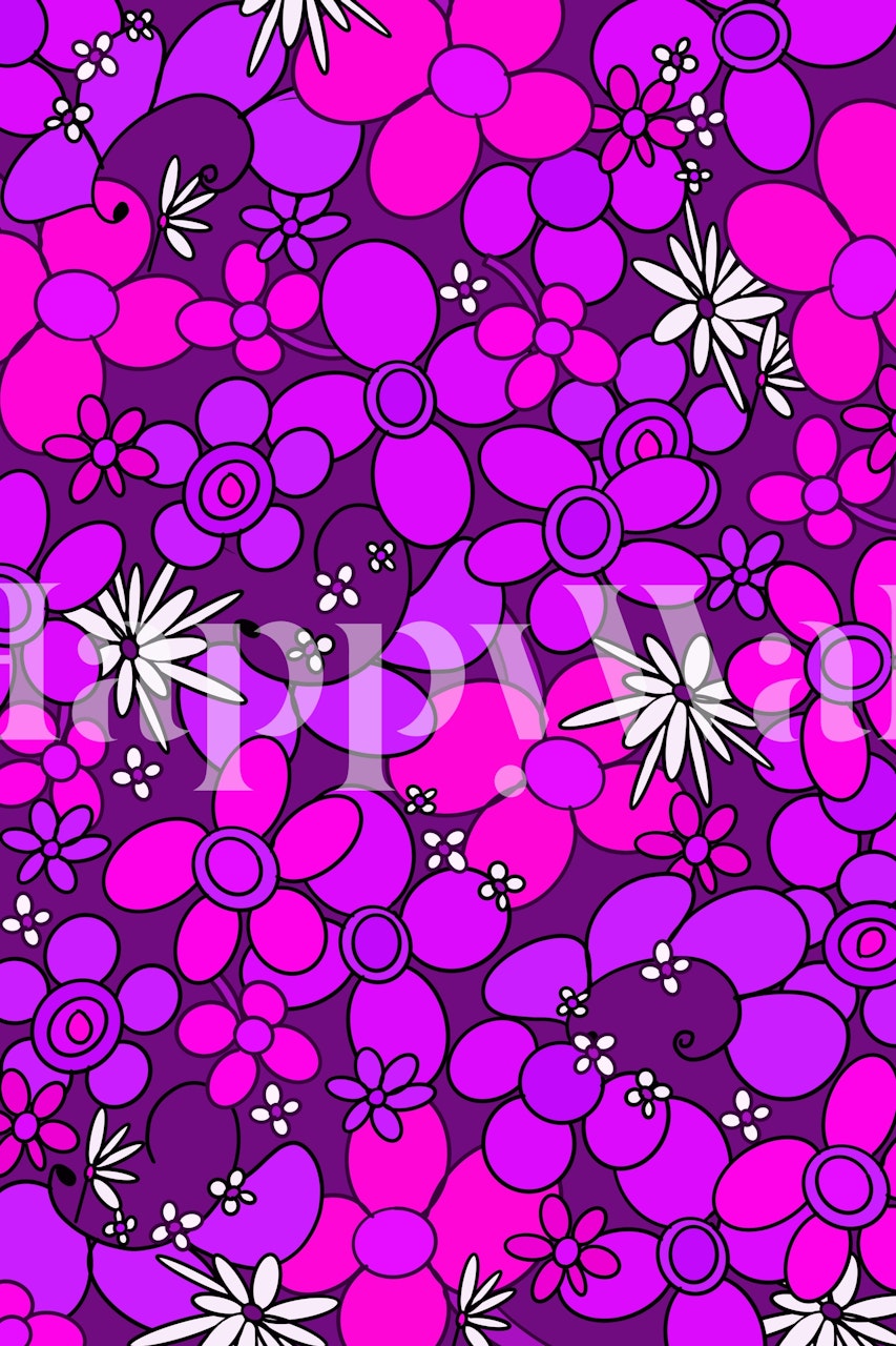 1960s and 1970s style vibrant purple and magenta retro flower pattern wall mural