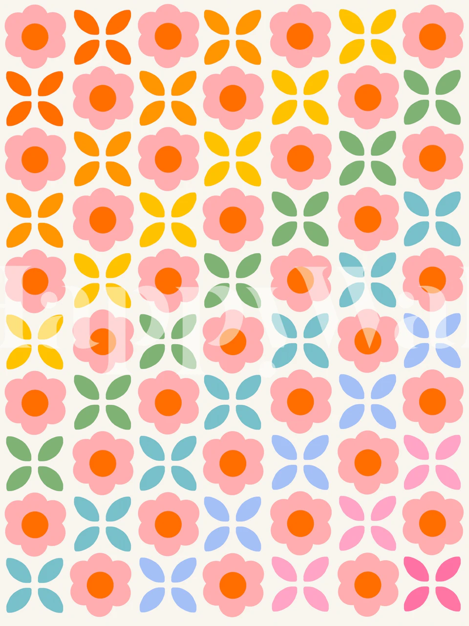 Colorful retro floral pattern with pink, orange, and green flowers wallpaper
