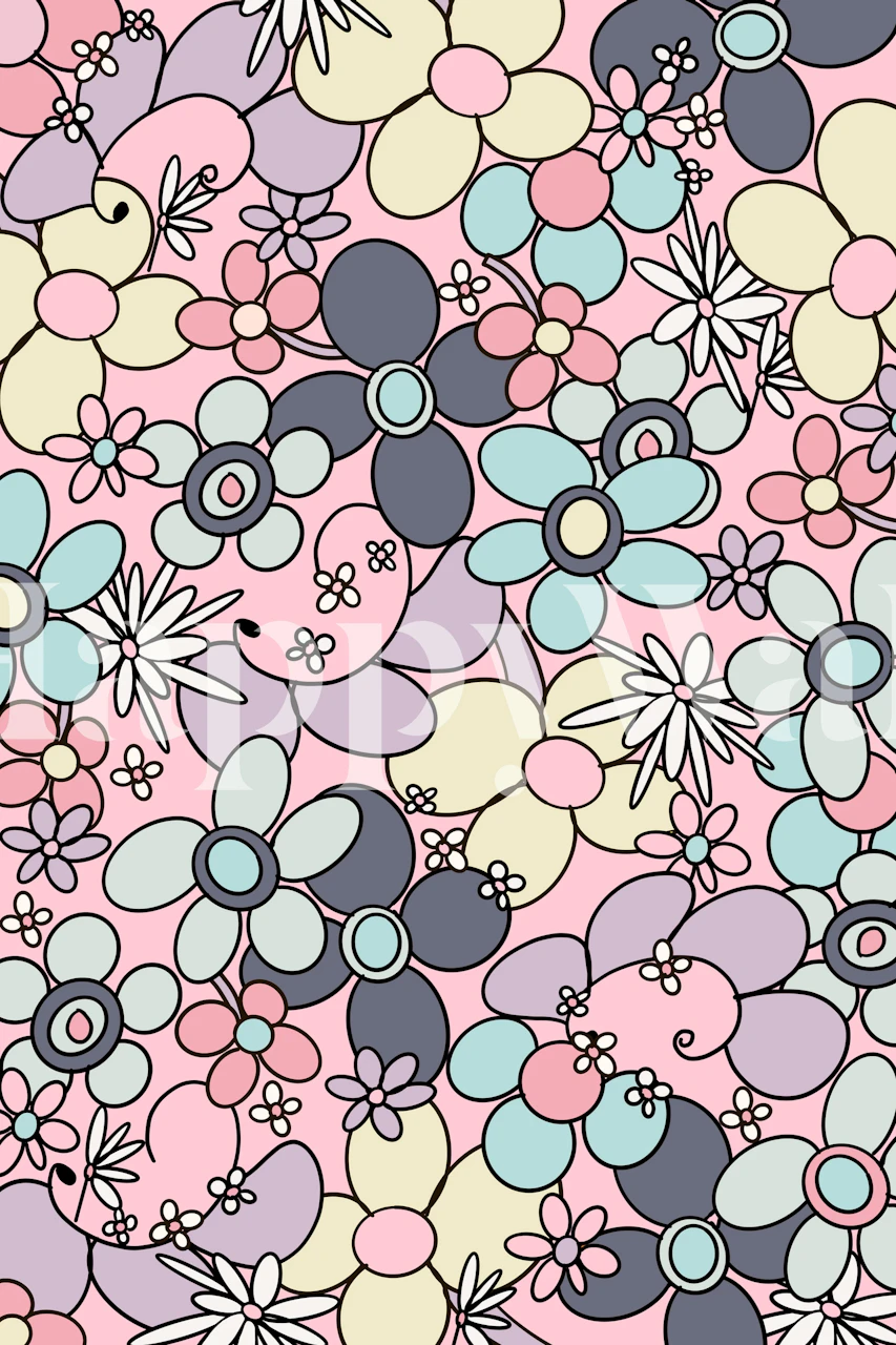 Retro flower pattern wall mural with pastel colors from the 60s and 70s era.