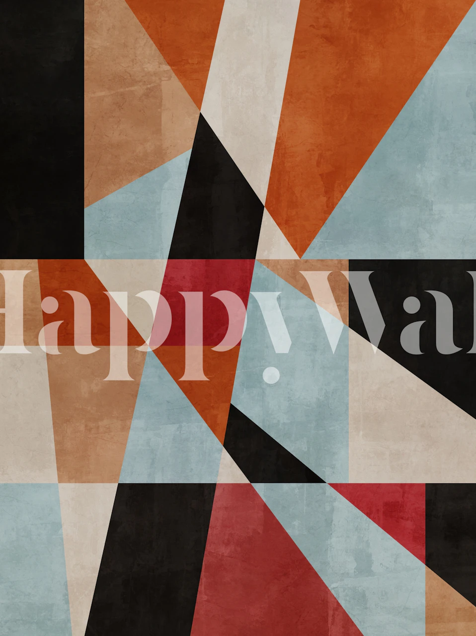 Colorful geometric patterns in orange, blue, black, and cream wallpaper