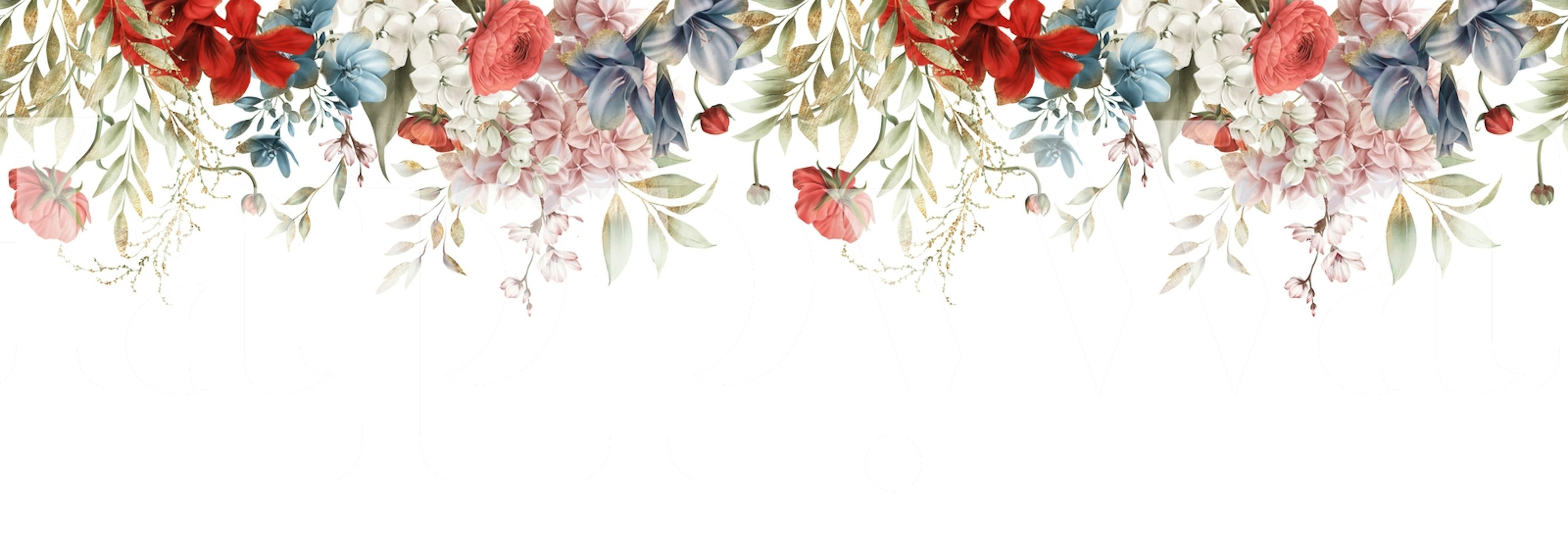 Colorful floral border design with red, pink, blue flowers and greenery wallpaper