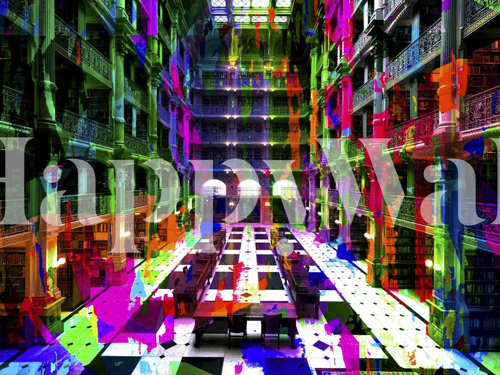 Colorful pop art-style wall mural depicting a vibrant library corridor