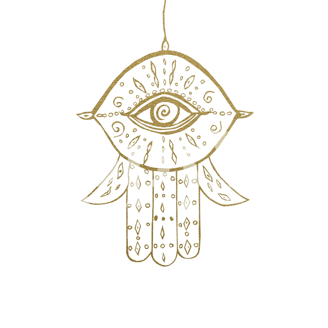 Gold Hamsa Hand symbol with intricate patterns on a white background wall mural