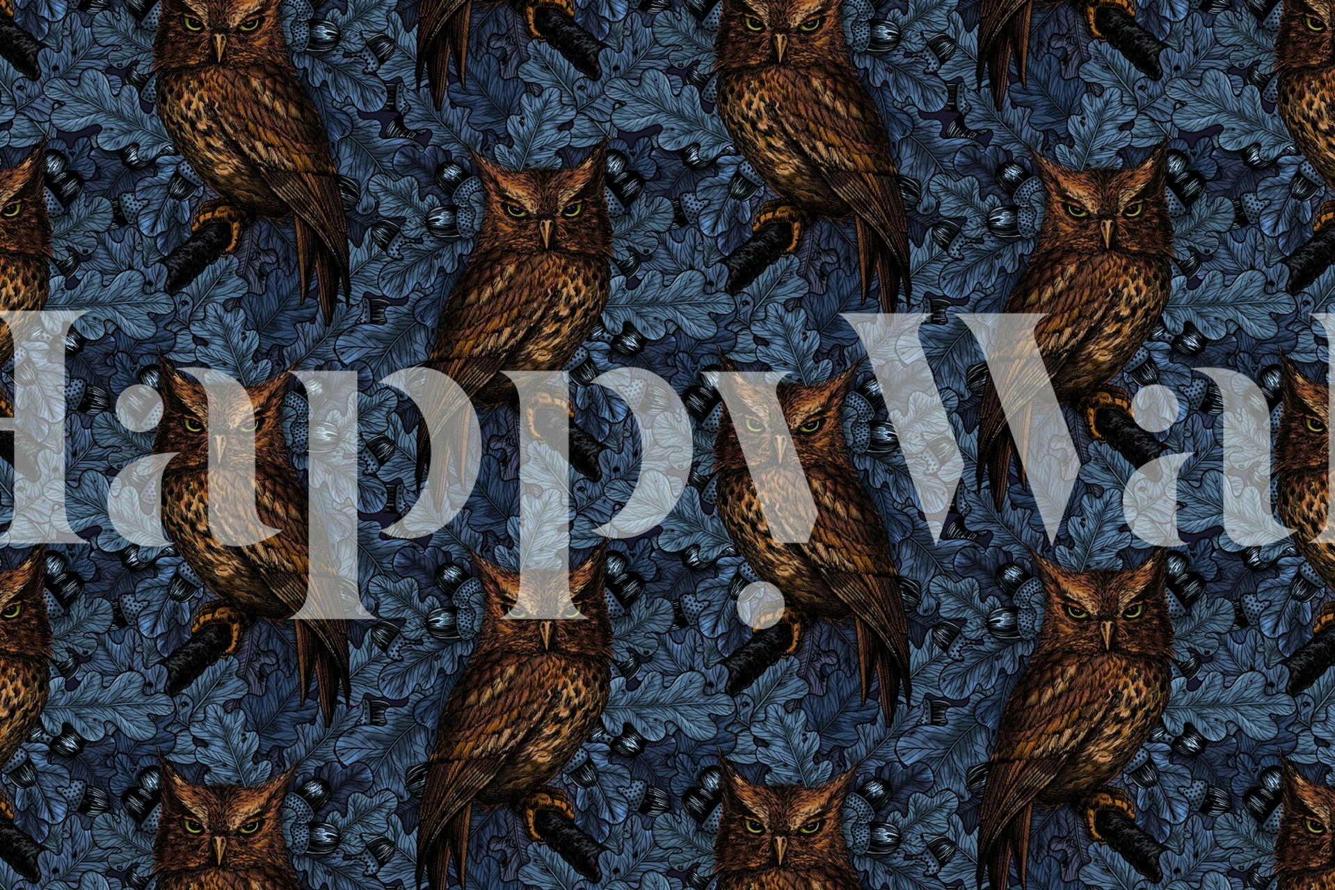 Owls perched on oak leaves in dark blue wallpaper