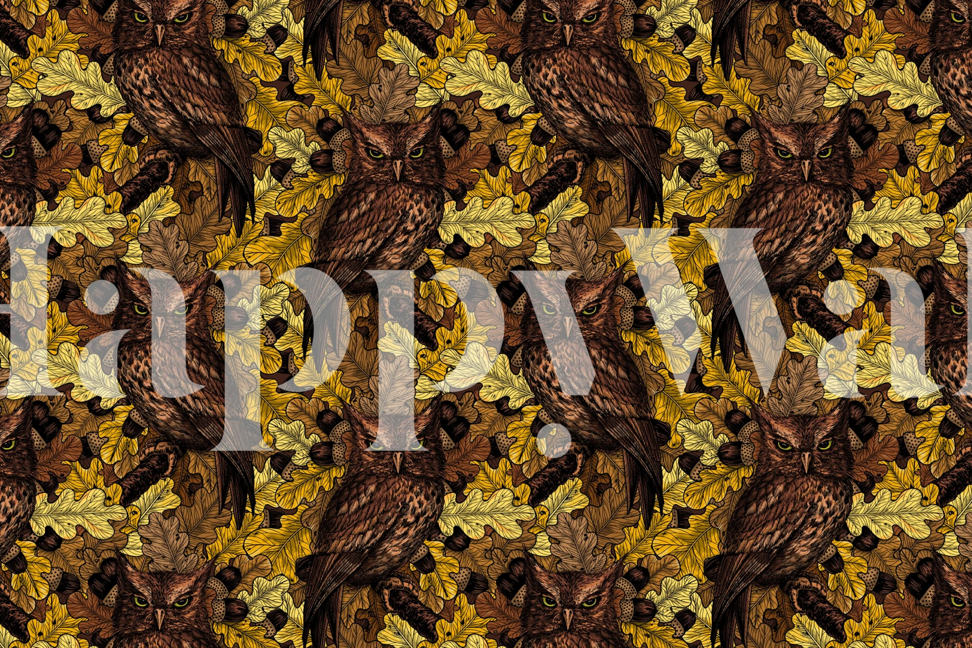 Fotomural vinílico de parede de corujas de outono com um padrão de corujas e folhas de outono