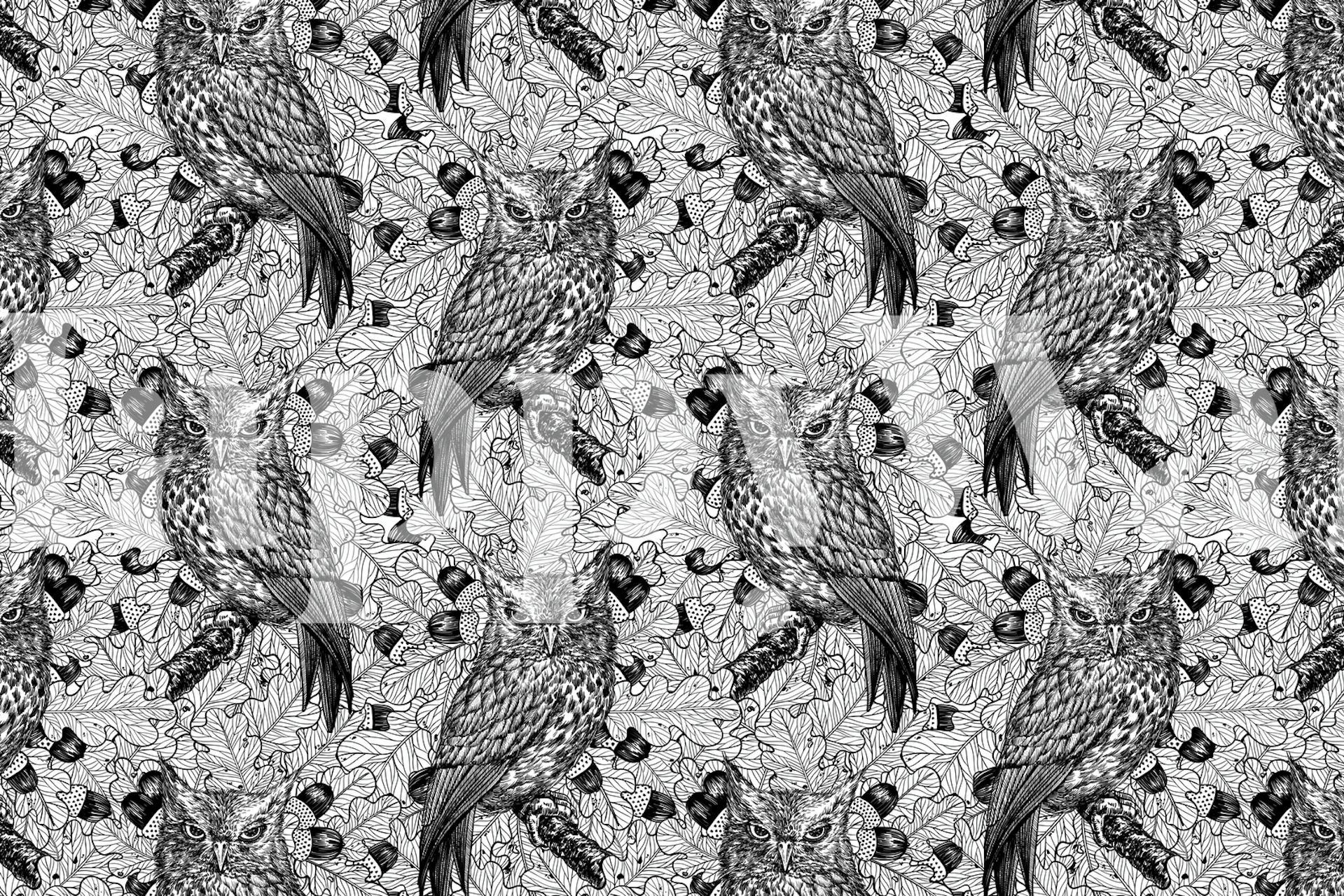 Owls in oak tree wallpaper design
