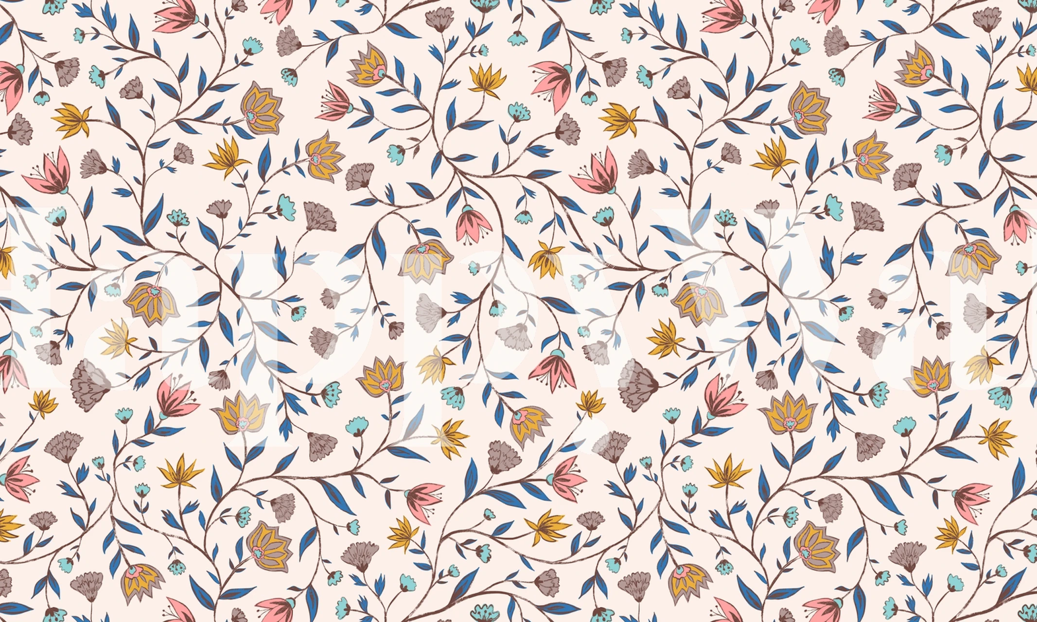 Colorful floral pattern with pink, yellow, blue and green on a light background wallpaper