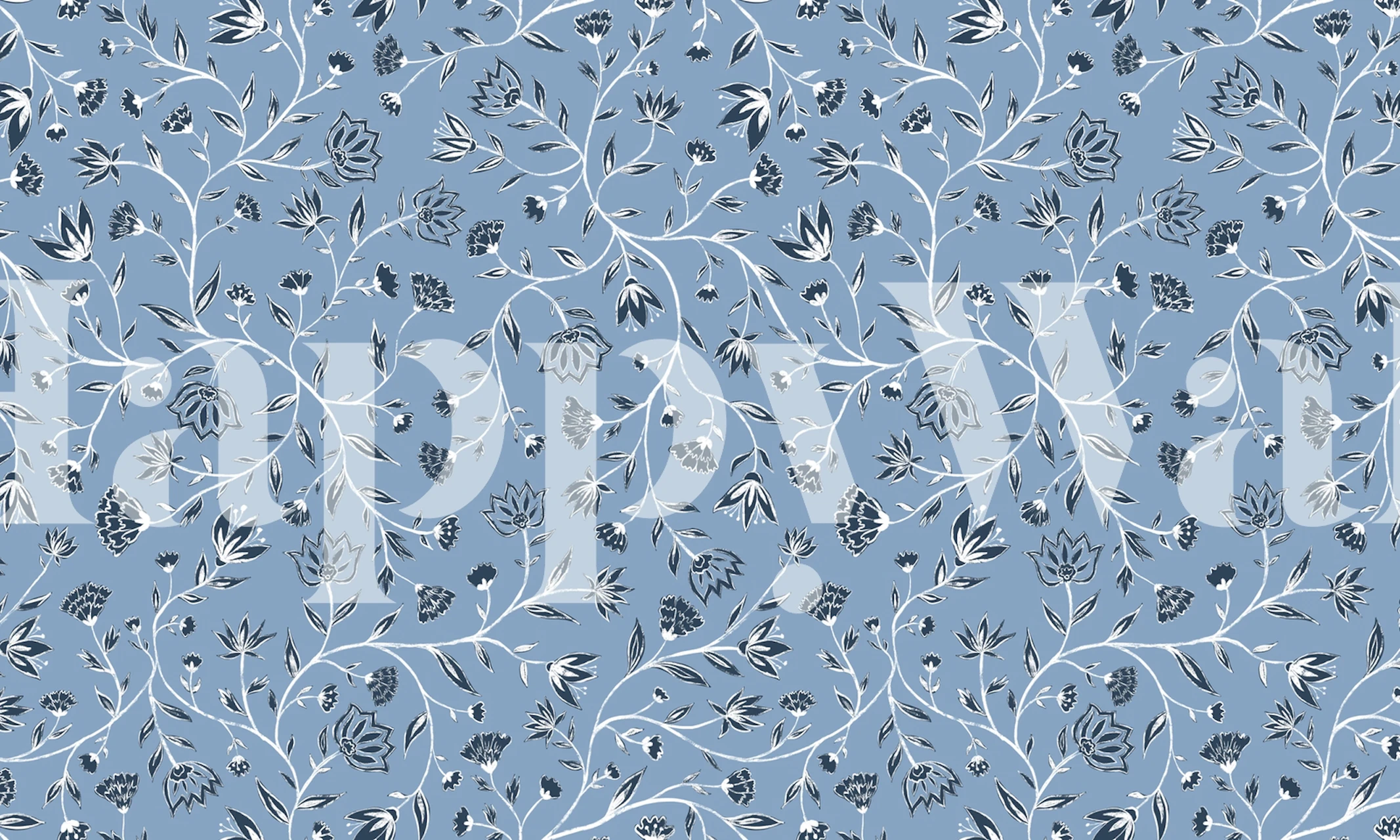 Blue floral wallpaper with white vines and leaves patterns