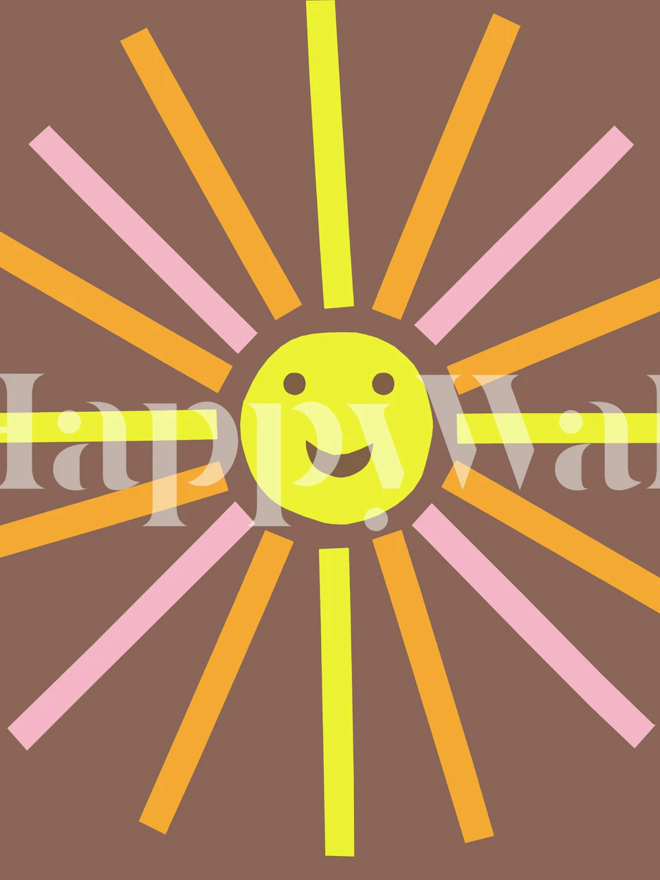 Retro-style smiling sun wall mural with yellow and orange rays on a brown background