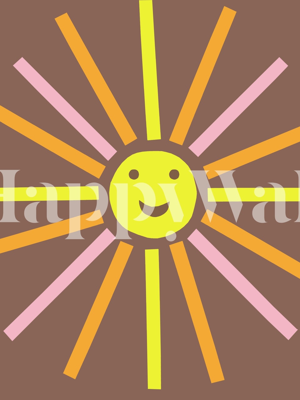 Retro-style smiling sun wall mural with yellow and orange rays on a brown background