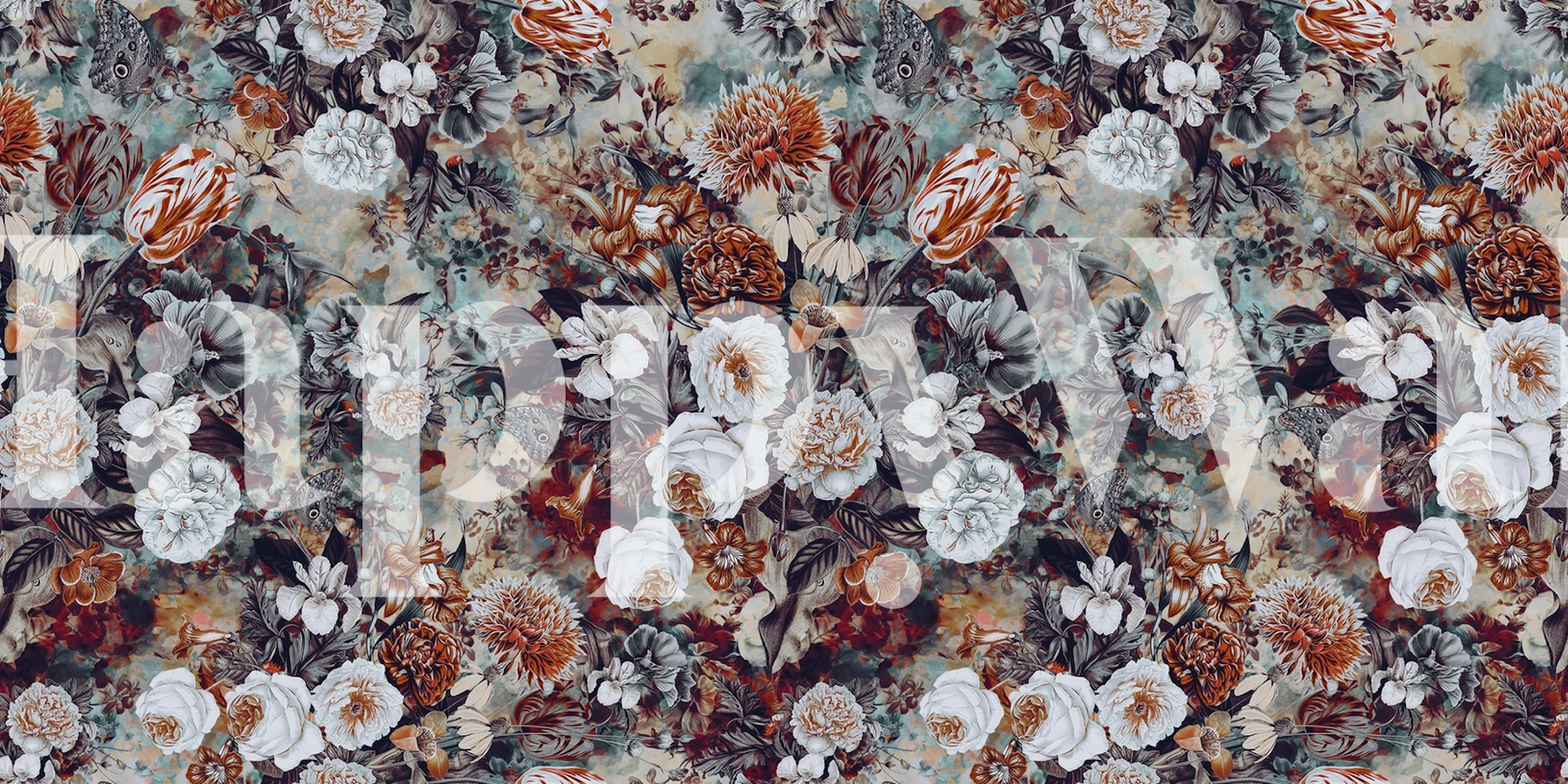 Colorful floral pattern wallpaper with autumn tones in intricate design