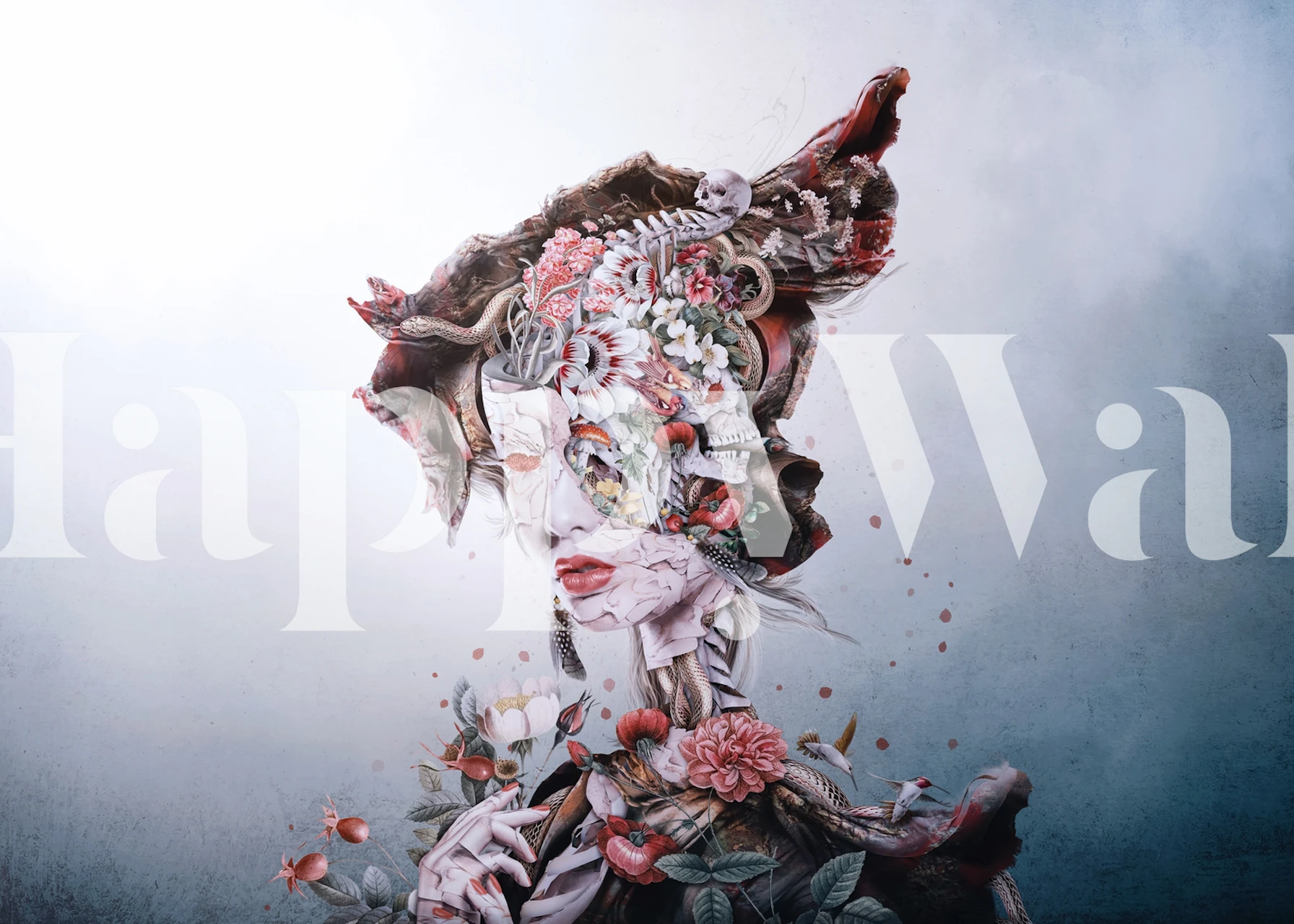 Surreal floral face design in soft pastel colors wallpaper