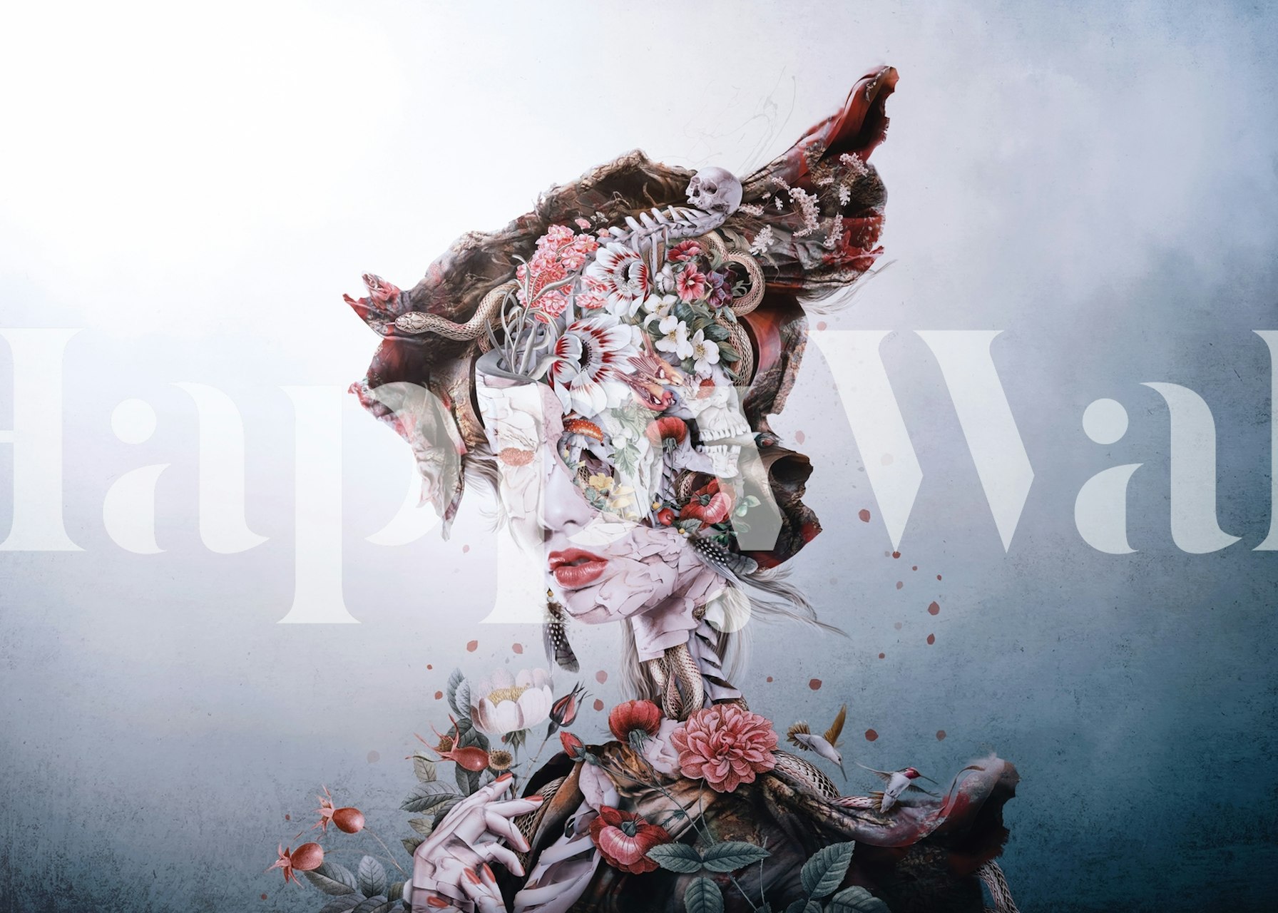 Artystyczna fototapeta przedstawiająca surrealistyczną królową otoczoną kwiatami