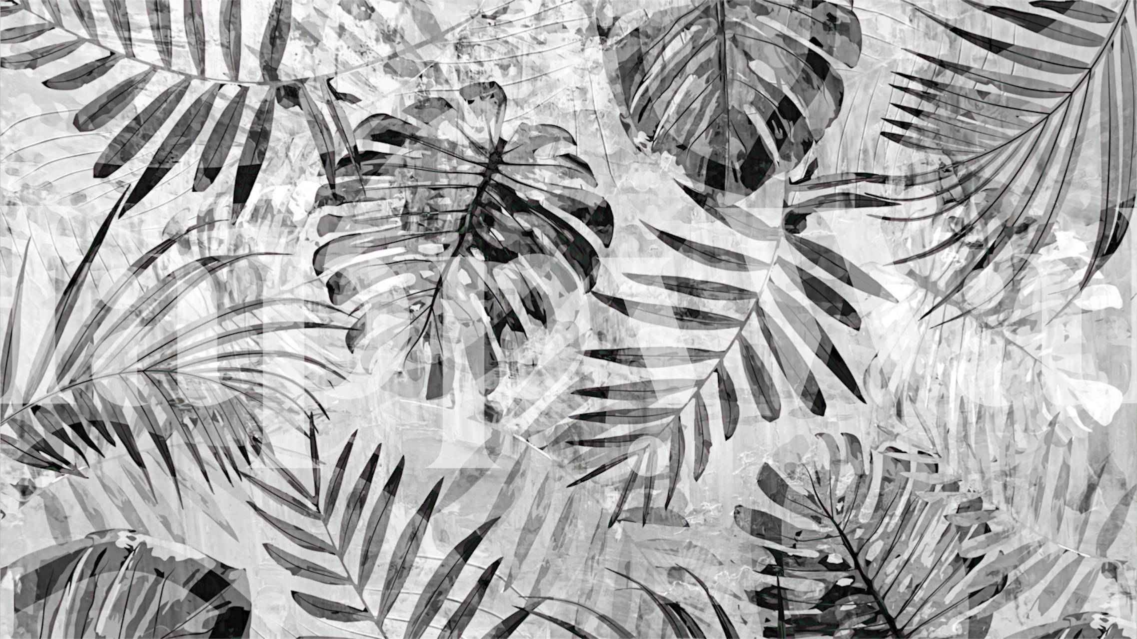 Tropical Grey Vintage Leaves tapetti huoneessa