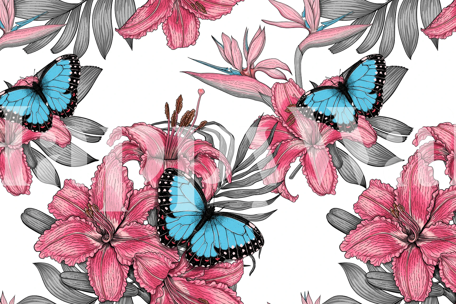 Pink tropical flowers and blue butterflies on a greyscale foliage background for wall mural Tropical Bouquet 12