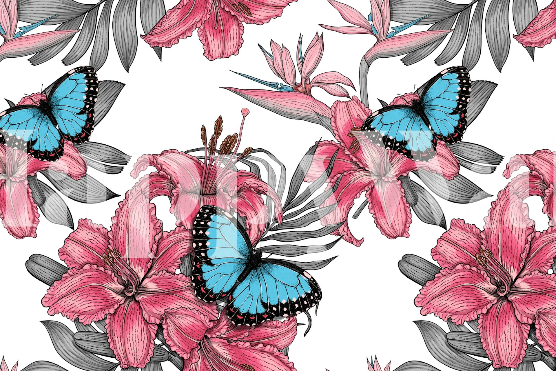 Pink tropical flowers and blue butterflies on a greyscale foliage background for wall mural Tropical Bouquet 12