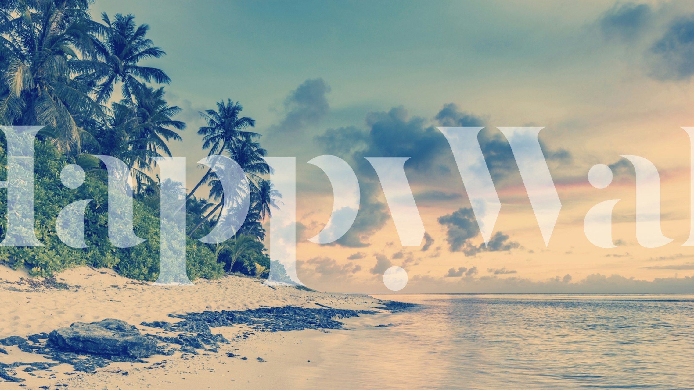 Tropical beach scene with palm trees, soft pastel colors wallpaper