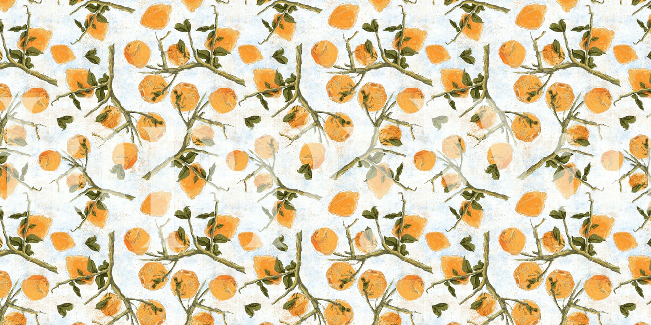 Lemons on White wall mural with illustrated citrus fruits and green leaves
